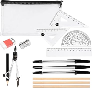 Clear Pencil Case for Exams, Maths Sets for Secondary School Exam Pencil Case with Protractor and Compass Set, Secondary Geometry Set Back to School Kit