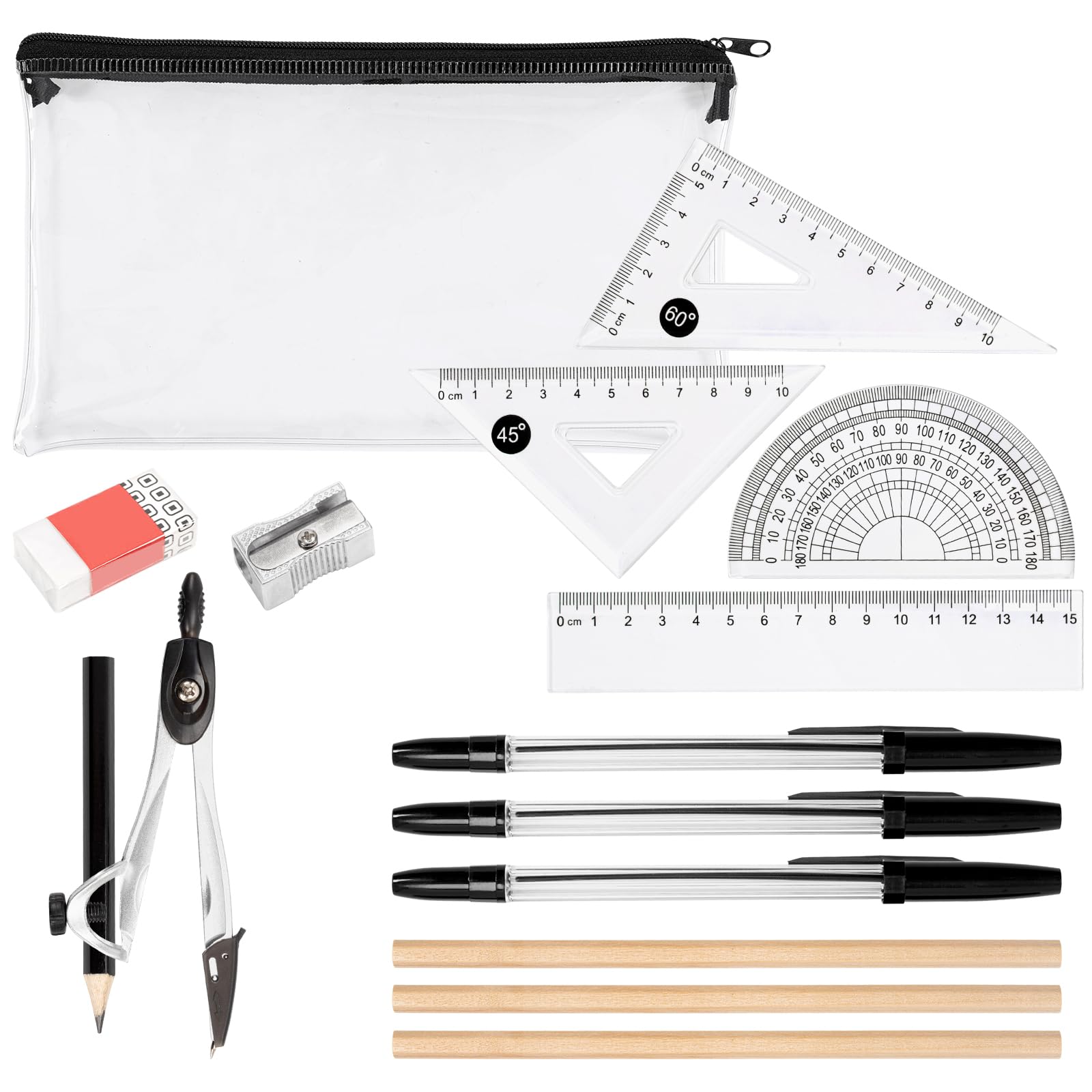 Clear Pencil Case for Exams, Maths Sets for Secondary School Exam Pencil Case with Protractor and Compass Set, Secondary Geometry Set Back to School Kit