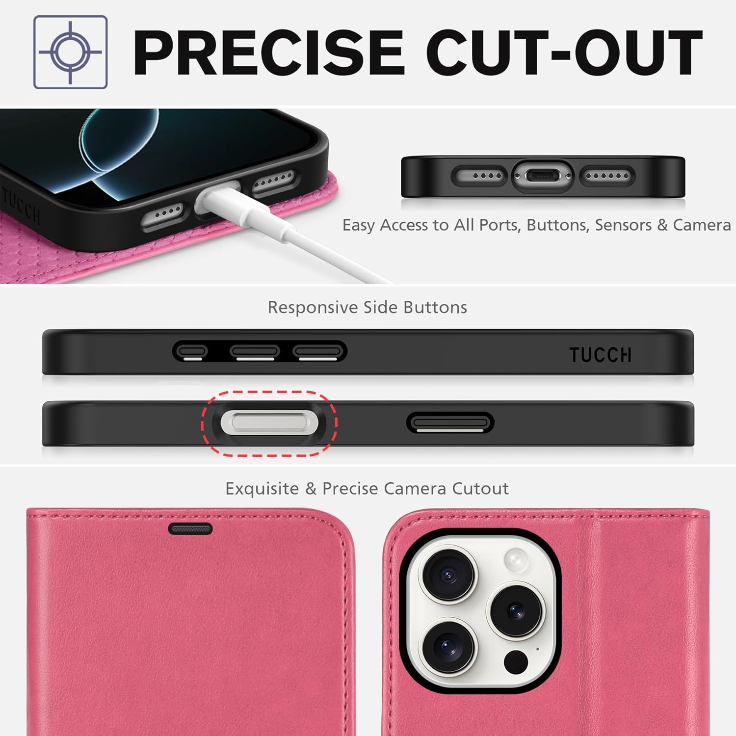 TUCCH Case Wallet for iPhone 16 Pro Max, PU Leather Magnetic Protective Phone Cover with [RFID Blocking] [4 Card Slots] Stand [TPU Inner Case] Compatible with iPhone 16 Pro Max 5G, Hot Pink