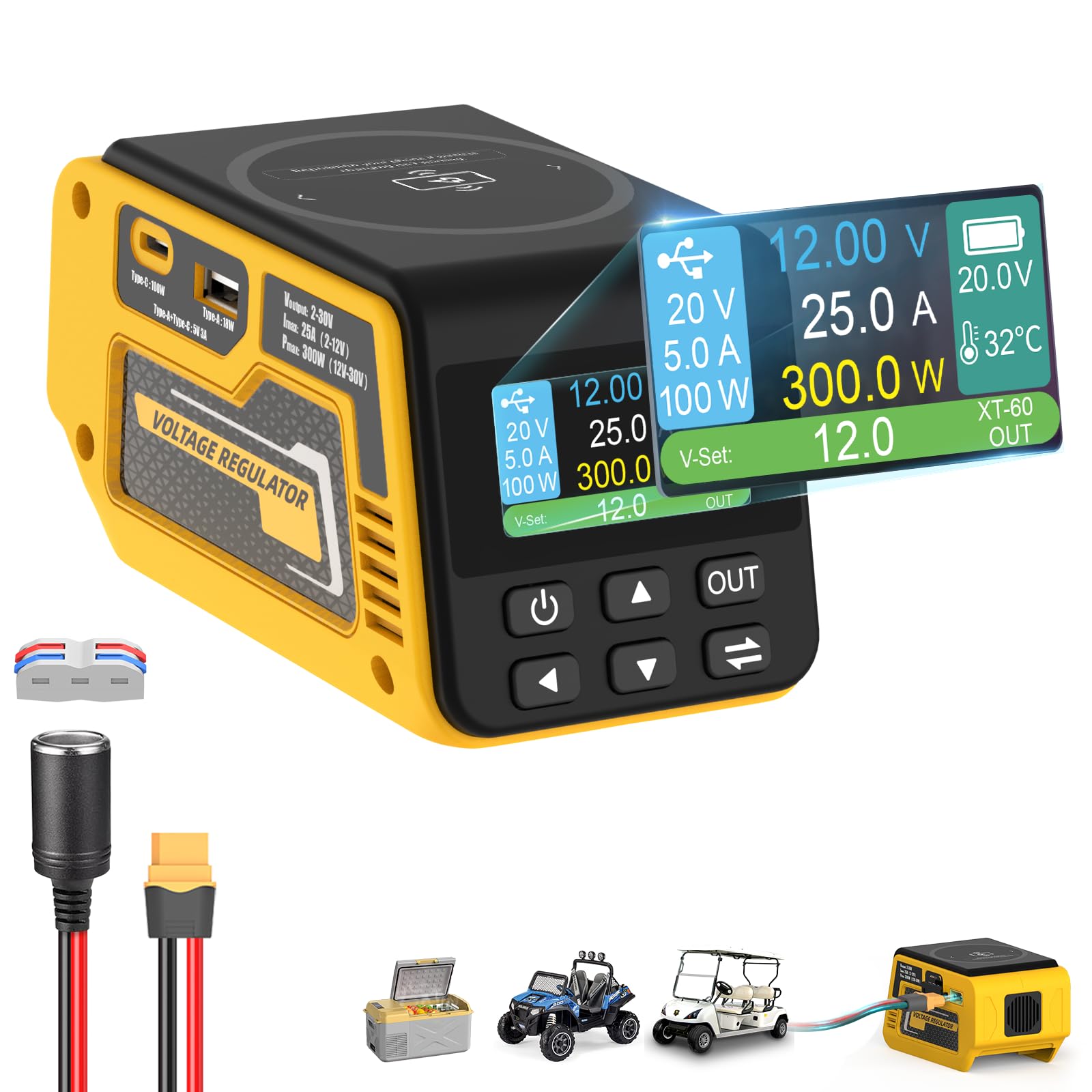 Vortlink 300W Voltage Regulator Compatible with DeWalt 20V Battery (Battery Not Included), 2–30V Adjustable DC Output, 100W Type-C PD Fast Charging, 15W Wireless Charger
