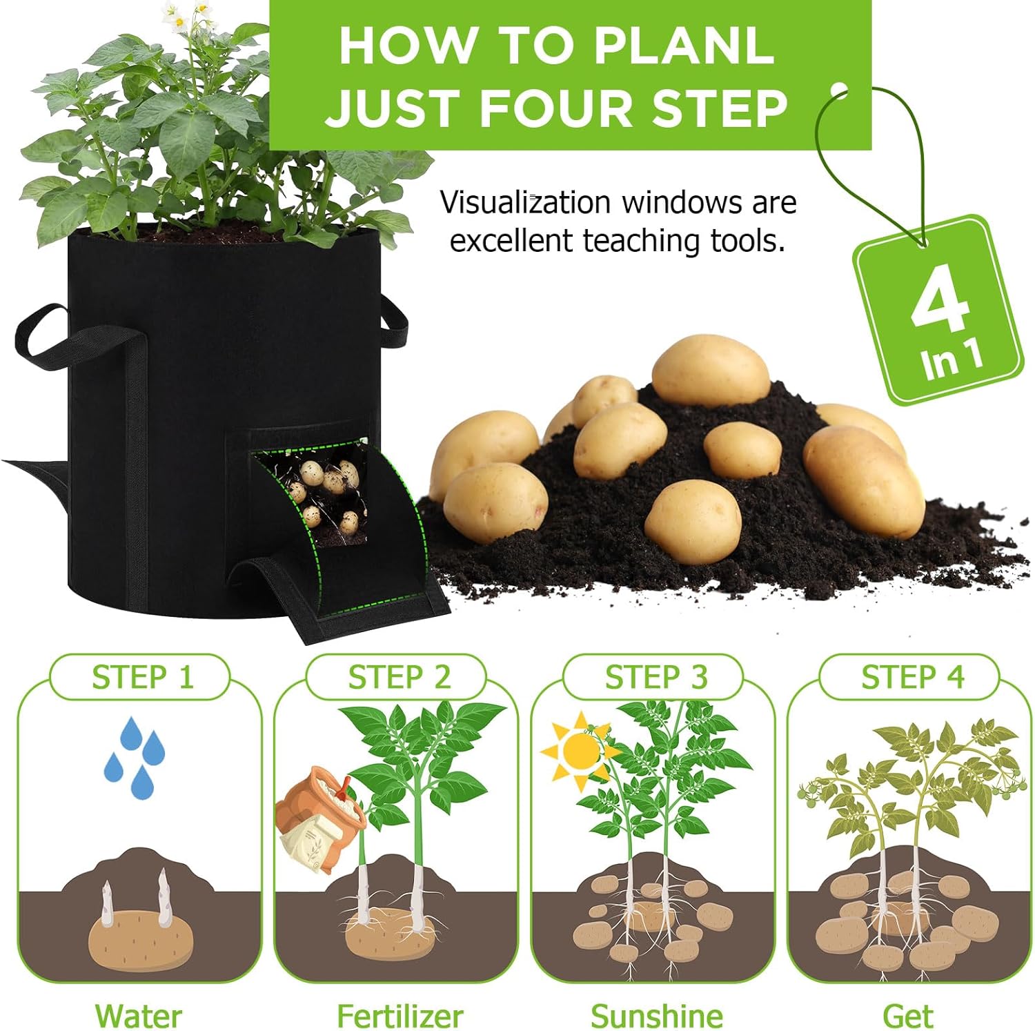 4pcs 30 Gallon Potato Grow Bags with Harvest Window & Visible Window 350g Thickened Nonwoven Fabric Pots, Sturdy Handle Planting Bag for Garden Vegetable Fruits Tomato Growing