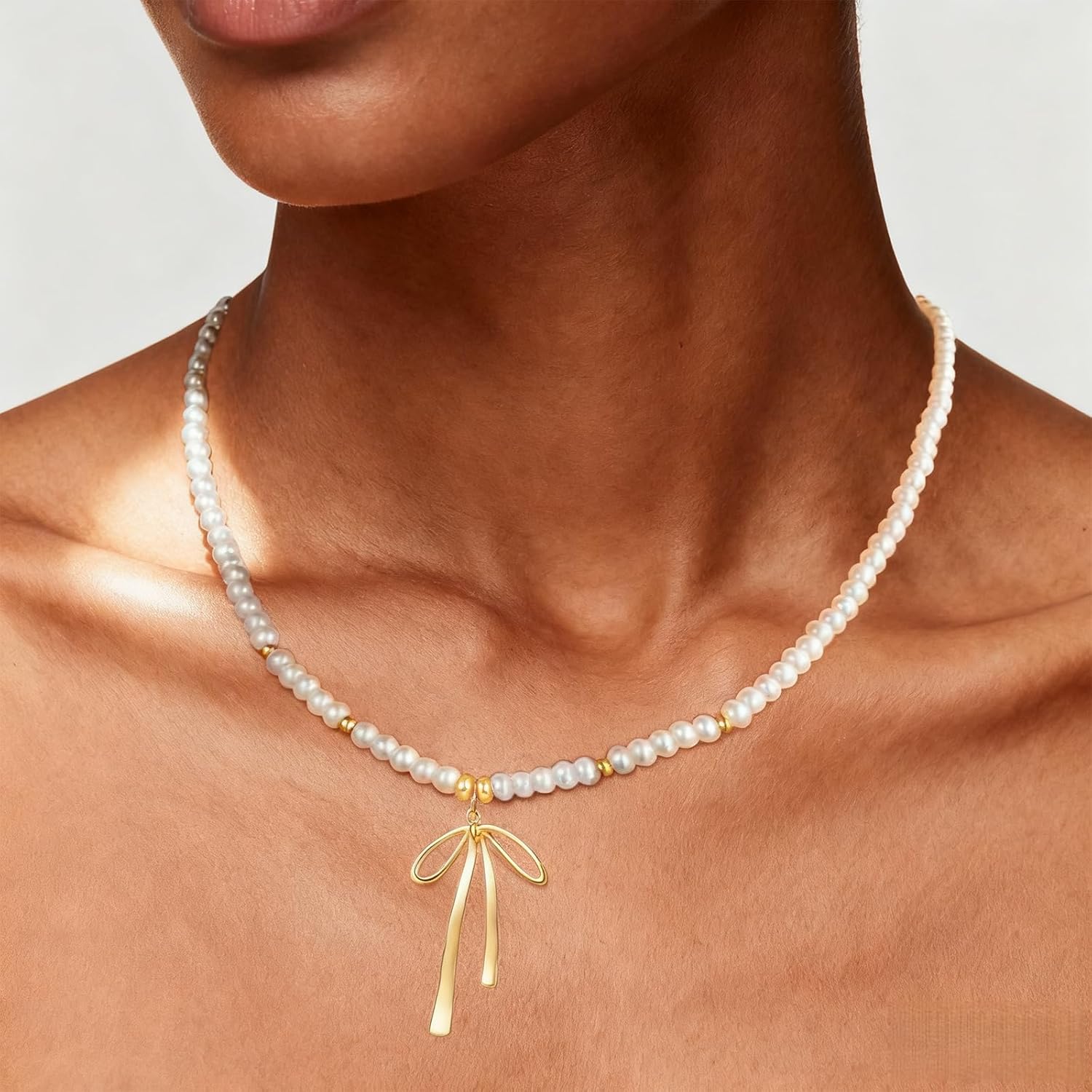 Pearl Bow Necklace for Women Gold Bow Pendant Necklace Rhinestone Bowknot Necklace Ribbon Necklace Wedding Christmas Prom Jewelry Gifts - Image 2