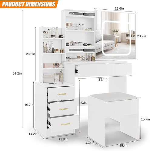 Miniatura 4 de Escritorio de tocador con espejo y luces LED, escritorio de tocador de maquillaje con espejo deslizante, toma de corriente, luz ajustable de 3