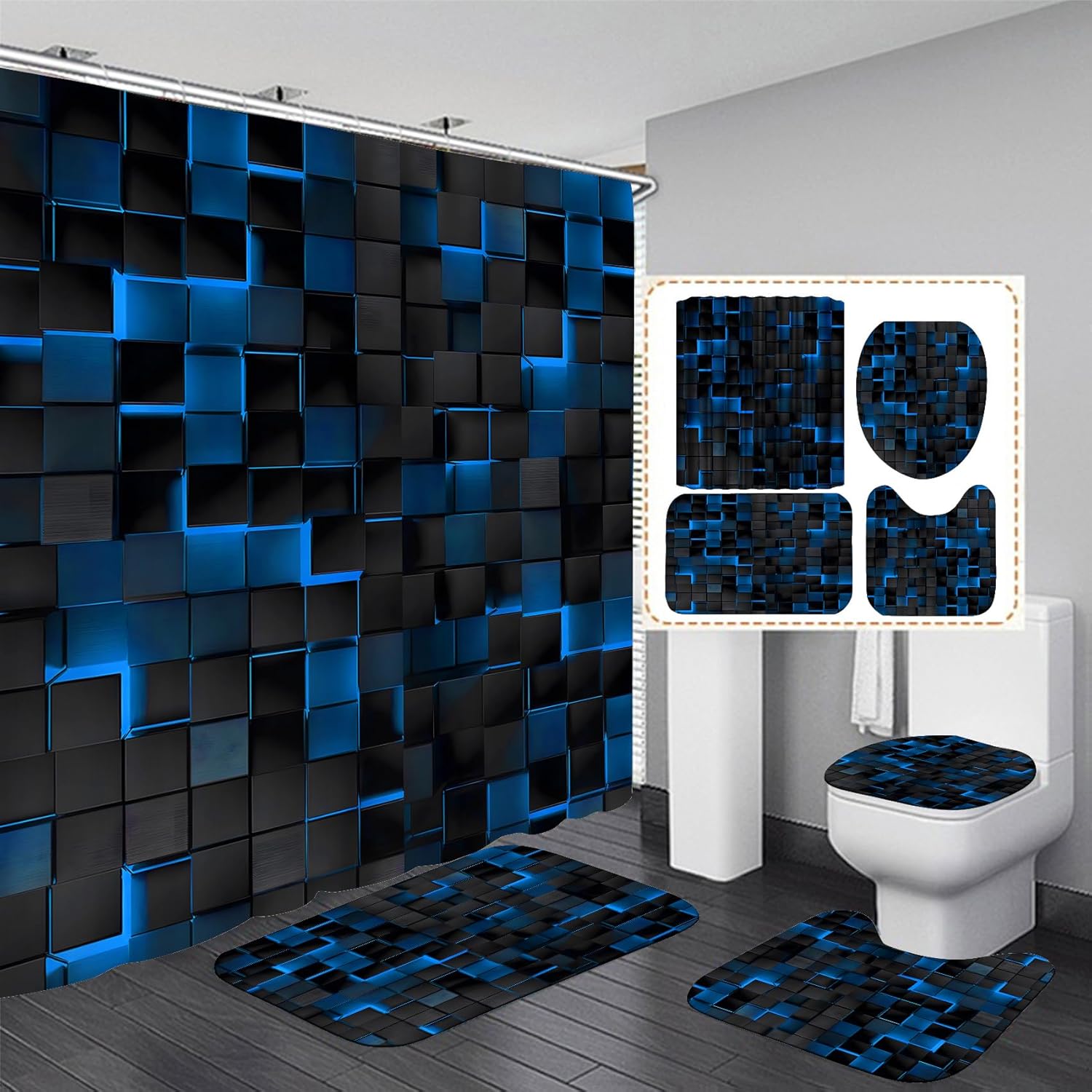 LQCOOL 4Pcs Blue 3D Cubes Shower Curtain Set - Modern Black & Blue Bathroom Set with Non-Slip Rug, Bath Mat, Toilet Cover & 12 Hooks