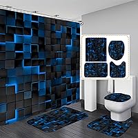 LQCOOL 4Pcs Blue 3D Cubes Shower Curtain Set - Modern Black & Blue Bathroom Set with Non-Slip Rug, Bath Mat, Toilet Cover & 12 Hooks