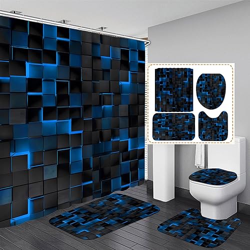 Juego de 4 cortinas de ducha azules con cubos 3D, juego de cortina de ducha moderna para juegos de baño con alfombras, cortina de ducha negra y azul