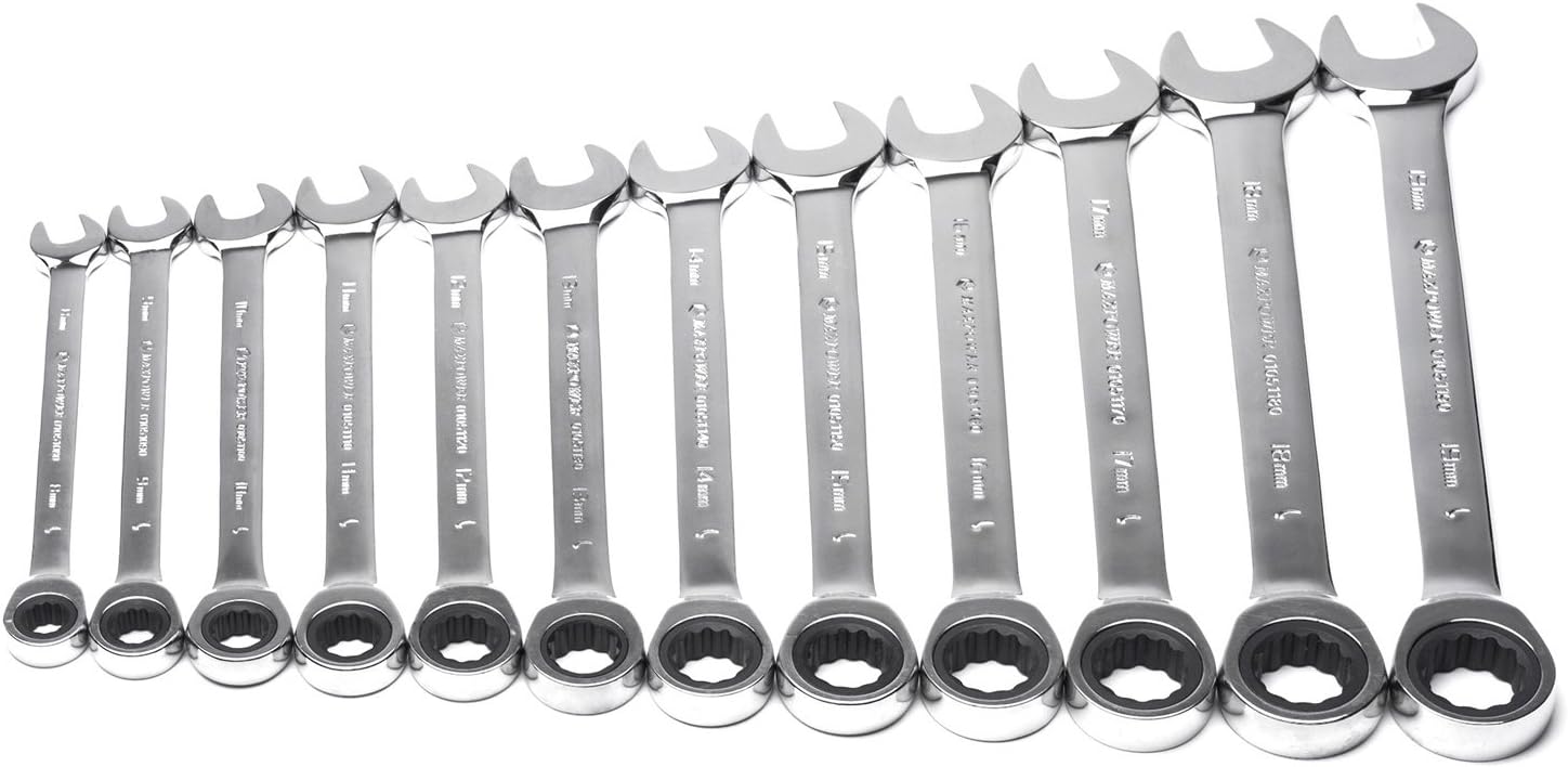 MAXPOWER 12-Piece 8-19mm Ratcheting Wrench Set – Premium Heat-Treated Chrome Vanadium Steel for Durability. Includes convenient pouch and metric sizes 8-19mm. Perfect for DIY and professional use.