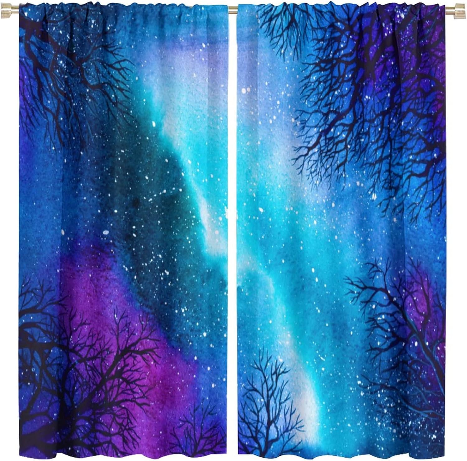 Night Sky Curtains,Romantic Starry Galaxy Shiny Stars Forest Trees Polyester Fabric Curtains for Bedroom Living Room Kitchen Nightscape Window Drapes 2 Panel Set,Overall Size 42" x 45"
