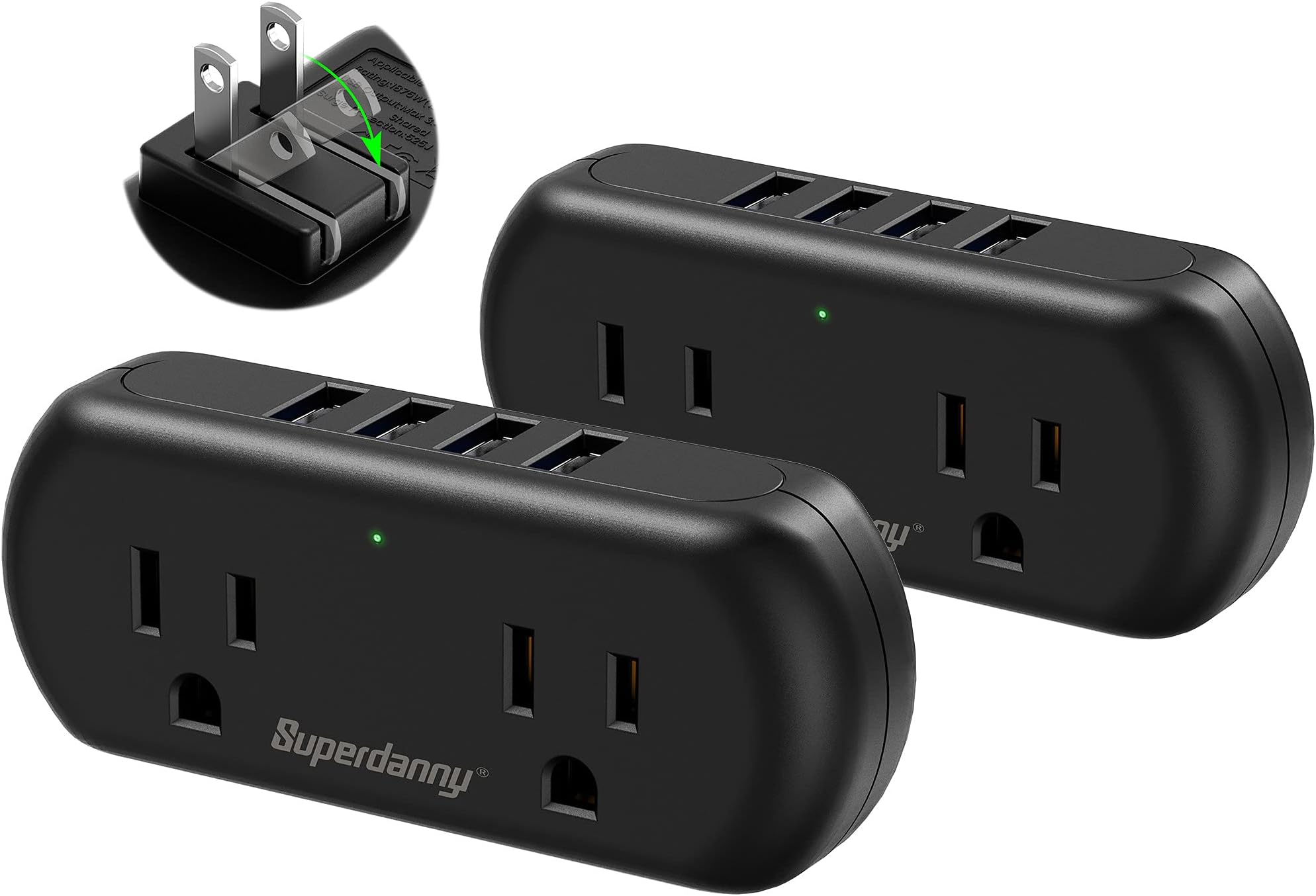 Multi-Plug Outlet Extender, SUPERDANNY 3 Prong to 2 Prong Wall Charger with 2 Wide-Spaced Outlets & 4 USB Ports, Mini Surge Protector Multiple Plug Splitter for Travel, Home, Office, Type A, 2 Pack
