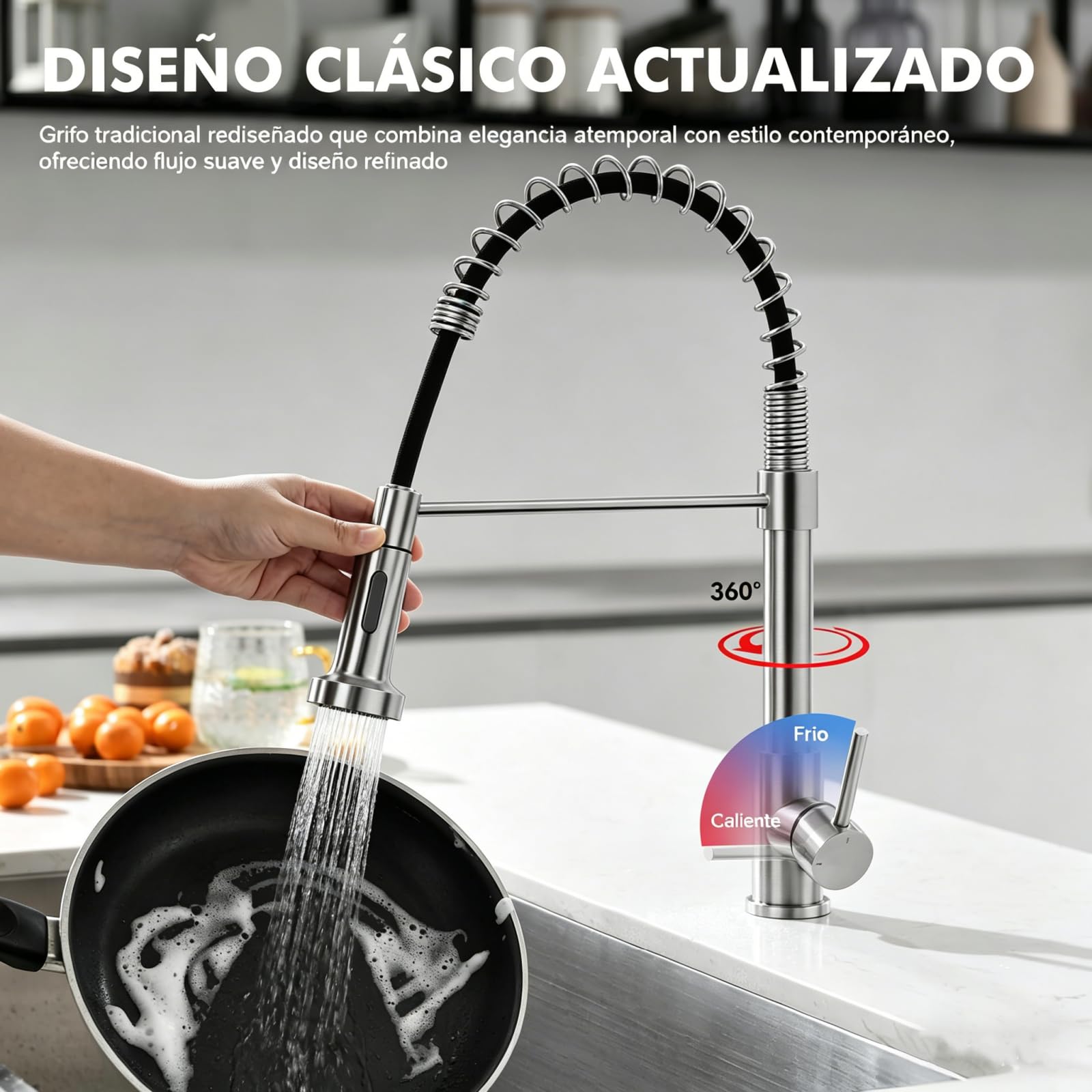 Ibergrif Grifo Cocina Extraible con Muelle, Flexible 360° Rotatoria, 2 Modos de Chorro, Torneira Cozinha Agua Fría y Caliente, Montaje de Un Solo Orificio, Fácil Instalación