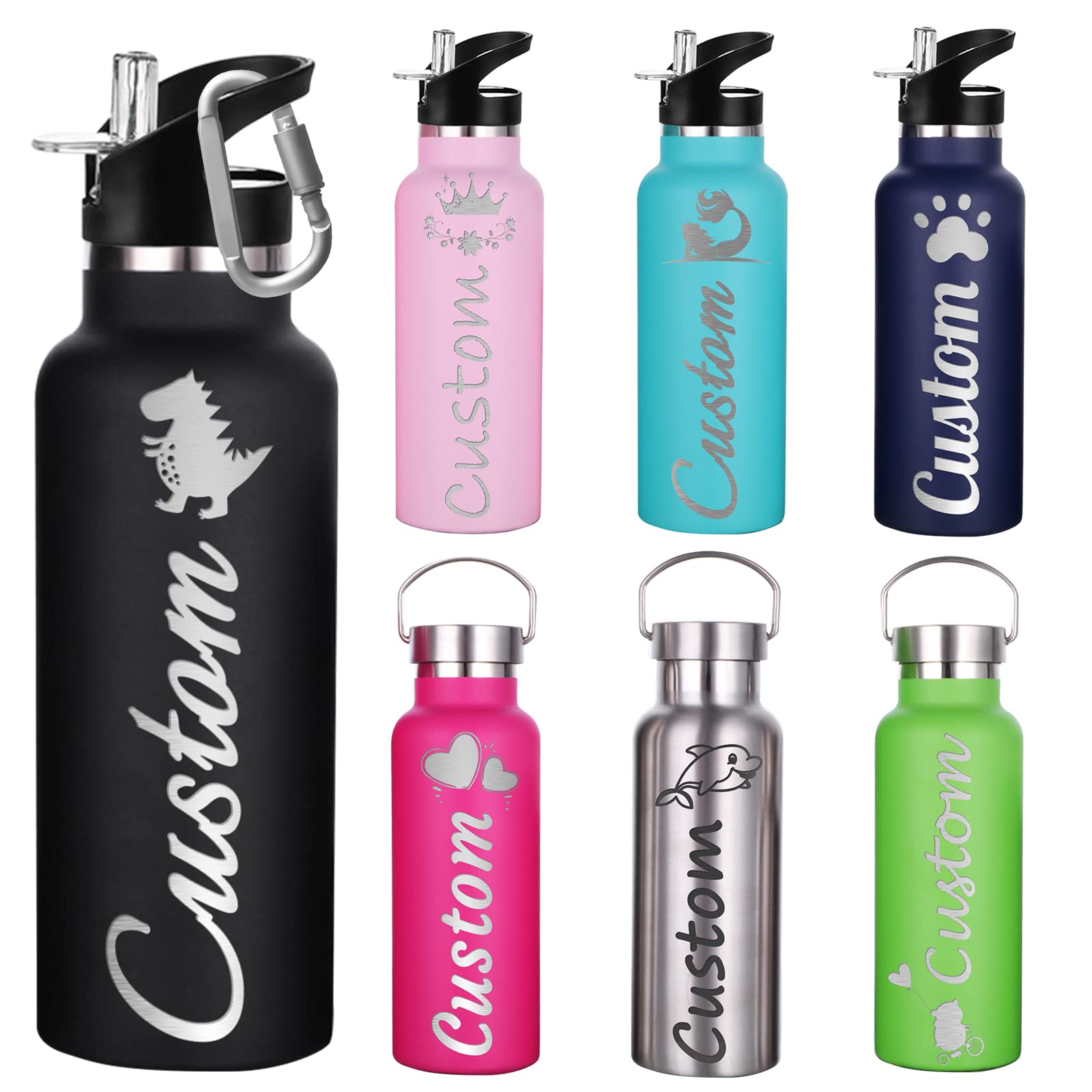 WBgjsnklbnlPersonalised Stainless Steel Water Bottle with Straw Custom Insulated Water Bottles Bulk Engraved Name Logo for Women Men Sport-Black