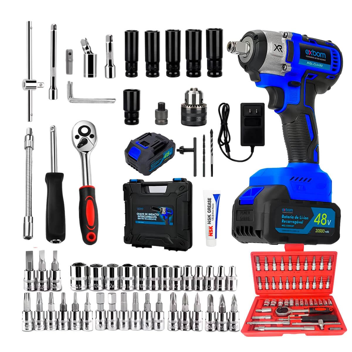Kit Profissional Conjunto Chave Catraca 46 Peças e Parafusadeira