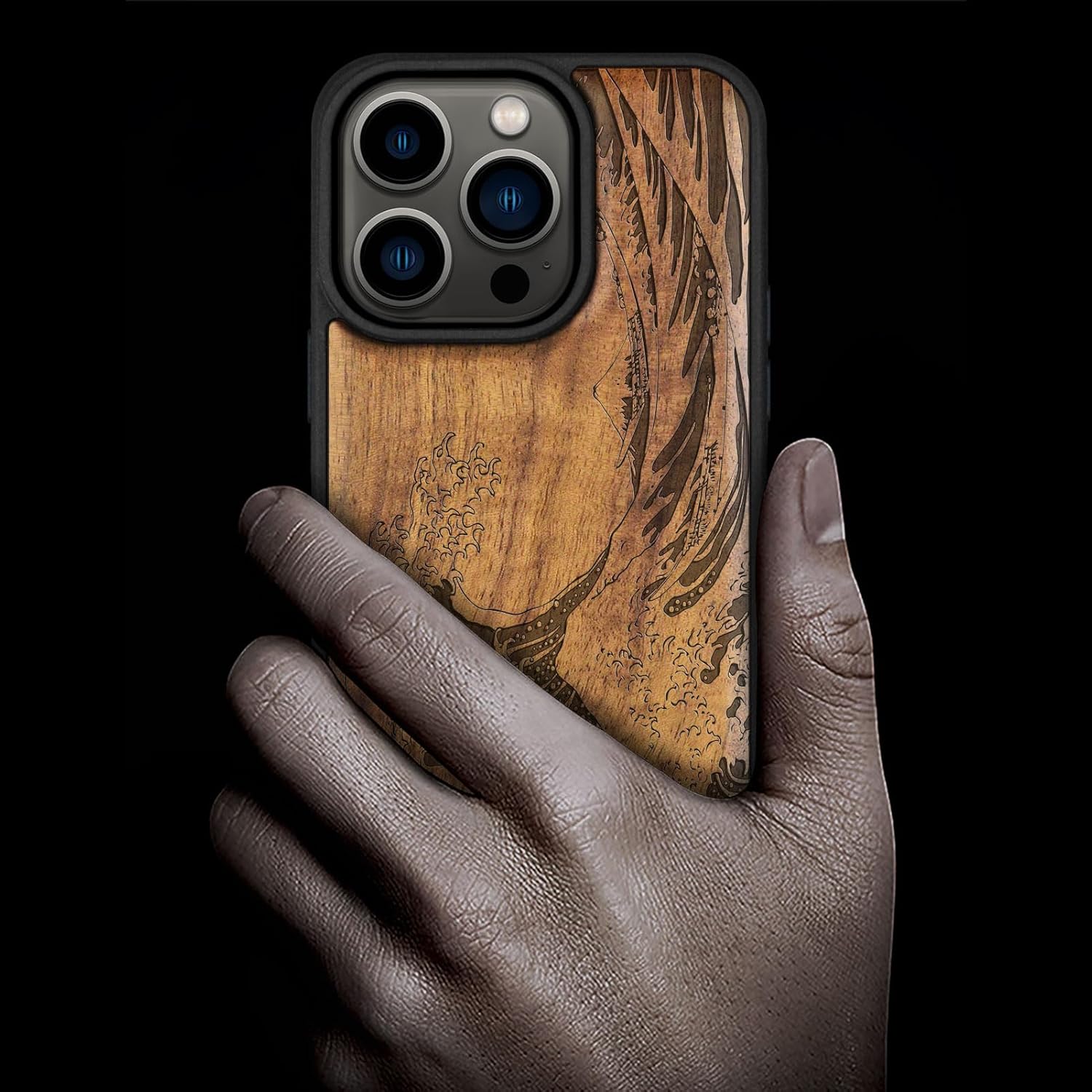 Carveit Magnetic Wooden Case for iPhone 15 Pro Case, Compatible with MagSafe Wireless Chargers, Black Soft TPU Shockproof Cover & Wood Artisan Engraved (The Great Wave Off Kanagawa) - Walnut