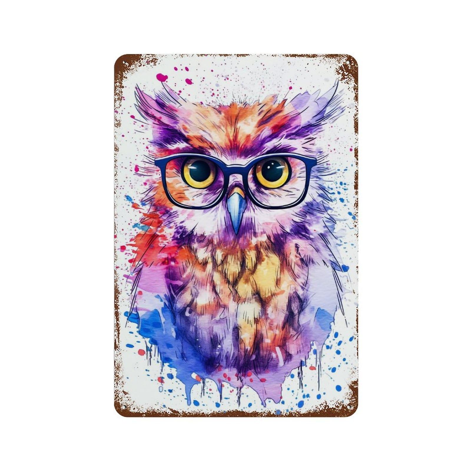 Rust Effect Cute Owl Wearing Glasses Decorative Tin Sign 11.8"x7.9", Classic Wall Plaque for Pub, Kitchen And Man Cave Decor