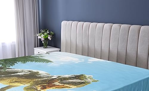 Miniatura 2 de Ambesonne Sábana bajera de fantasía, dinosaurio gigante en el bosque, monstruo jurásico, criatura fósil, diseño digital, ropa de cama de tela