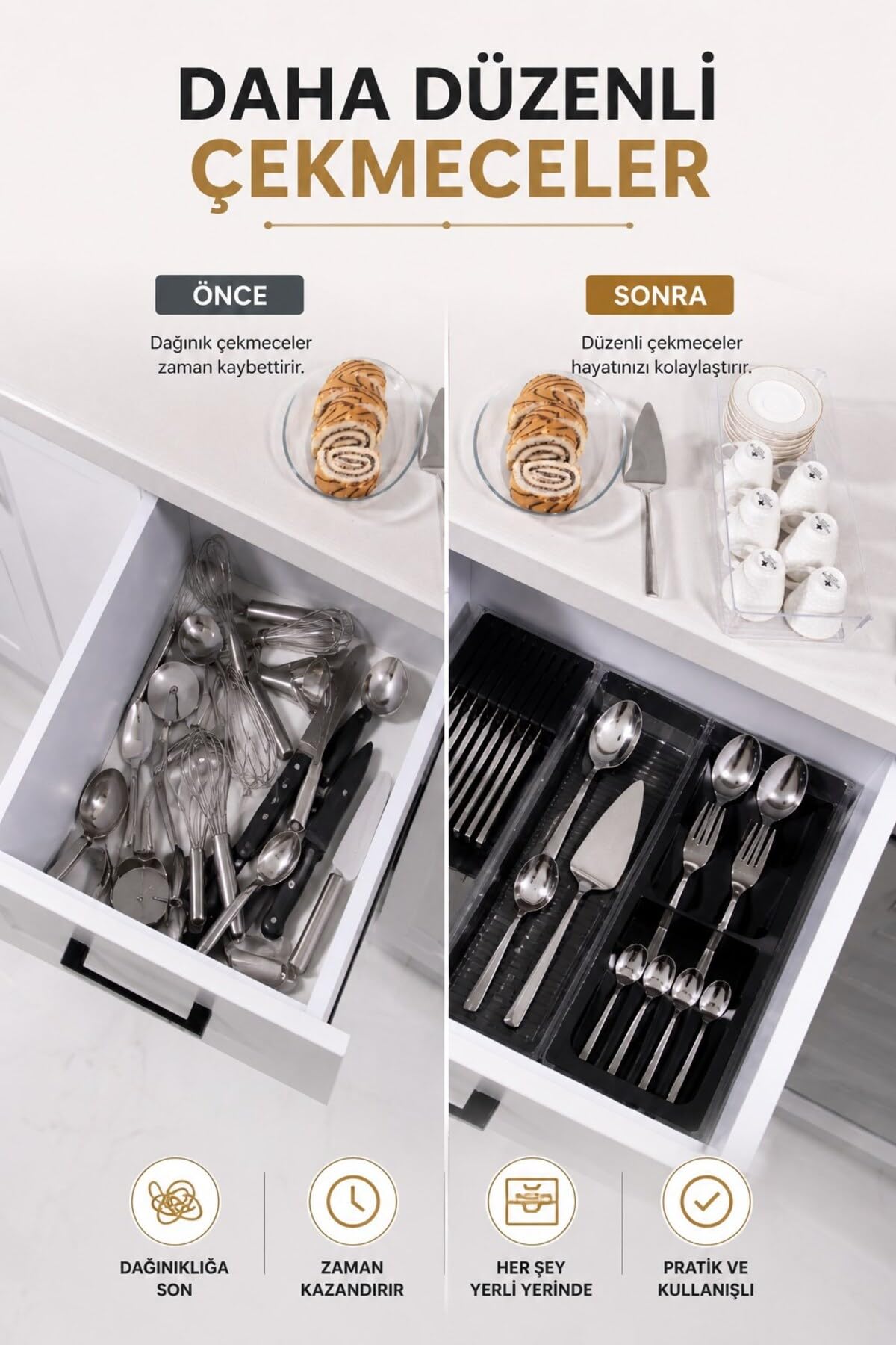 Sas Haus Çekmece İçi Bıçaklık Organizer Bölmeli Mutfak Düzenleyici Siyah S-11029