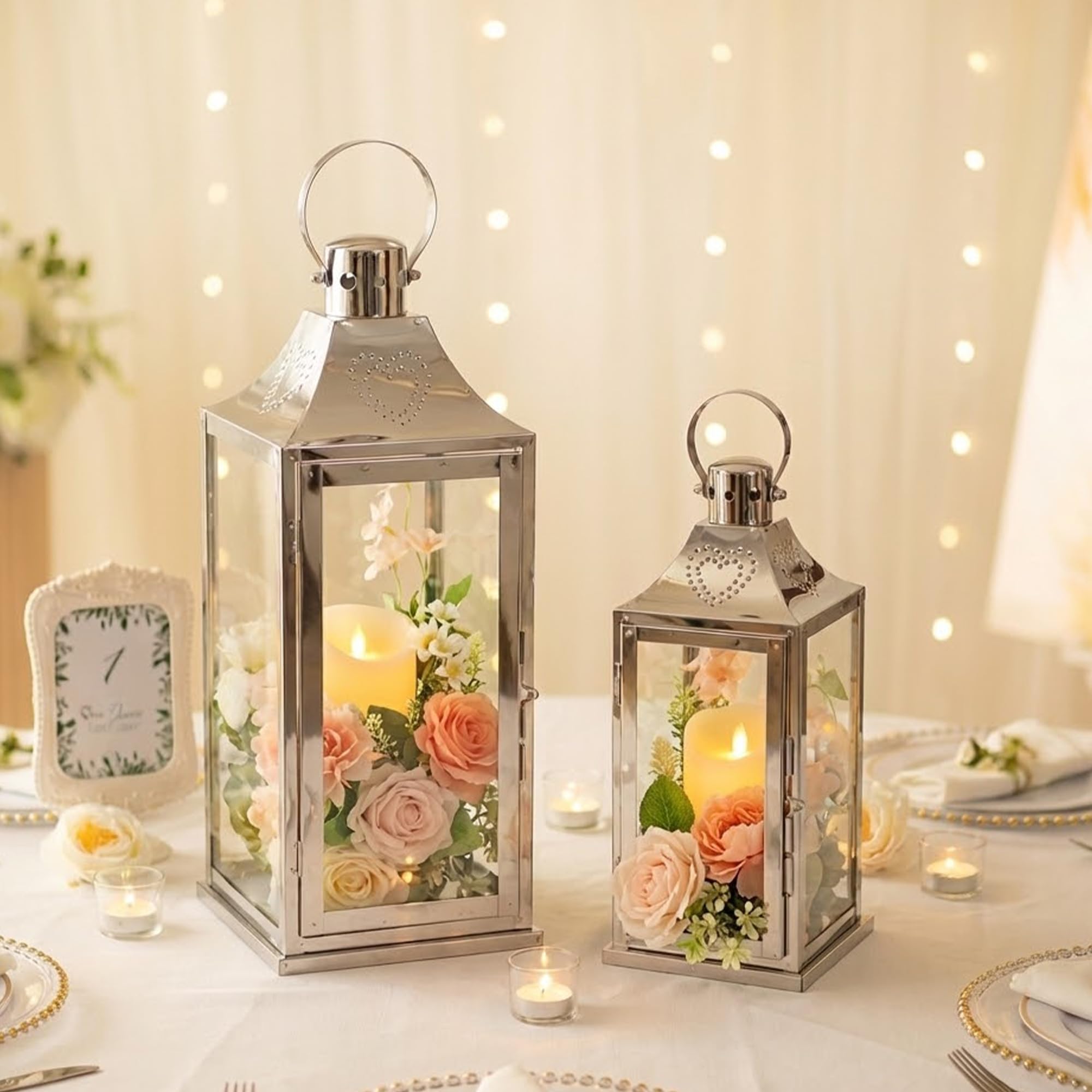 TRIROCKS Set mit 2 Dekorativen Laternen aus Edelstahl, 43&30cm Hoch, Kerzenhalter aus Metall mit Gehärtetem Glas für Zuhause Wohnzimmer Garten Hof Partys Event Indoor Outdoor (Silber)