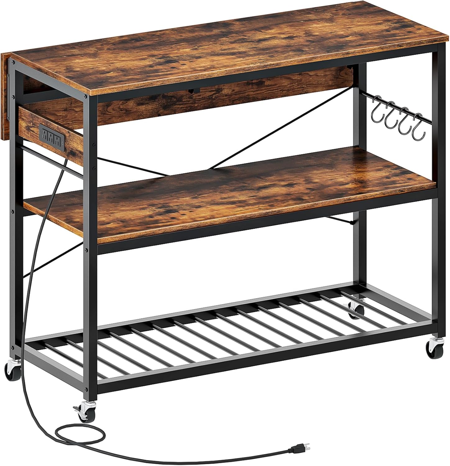 CHOEZON Kitchen Island with Power Outlet and Folding Top, Movable with 3-Tier Storage, Large Size, Wooden Shelves and Wine Rack, for Kitchen, Dining and Living Room, Rustic Brown and Black TZD02UBF