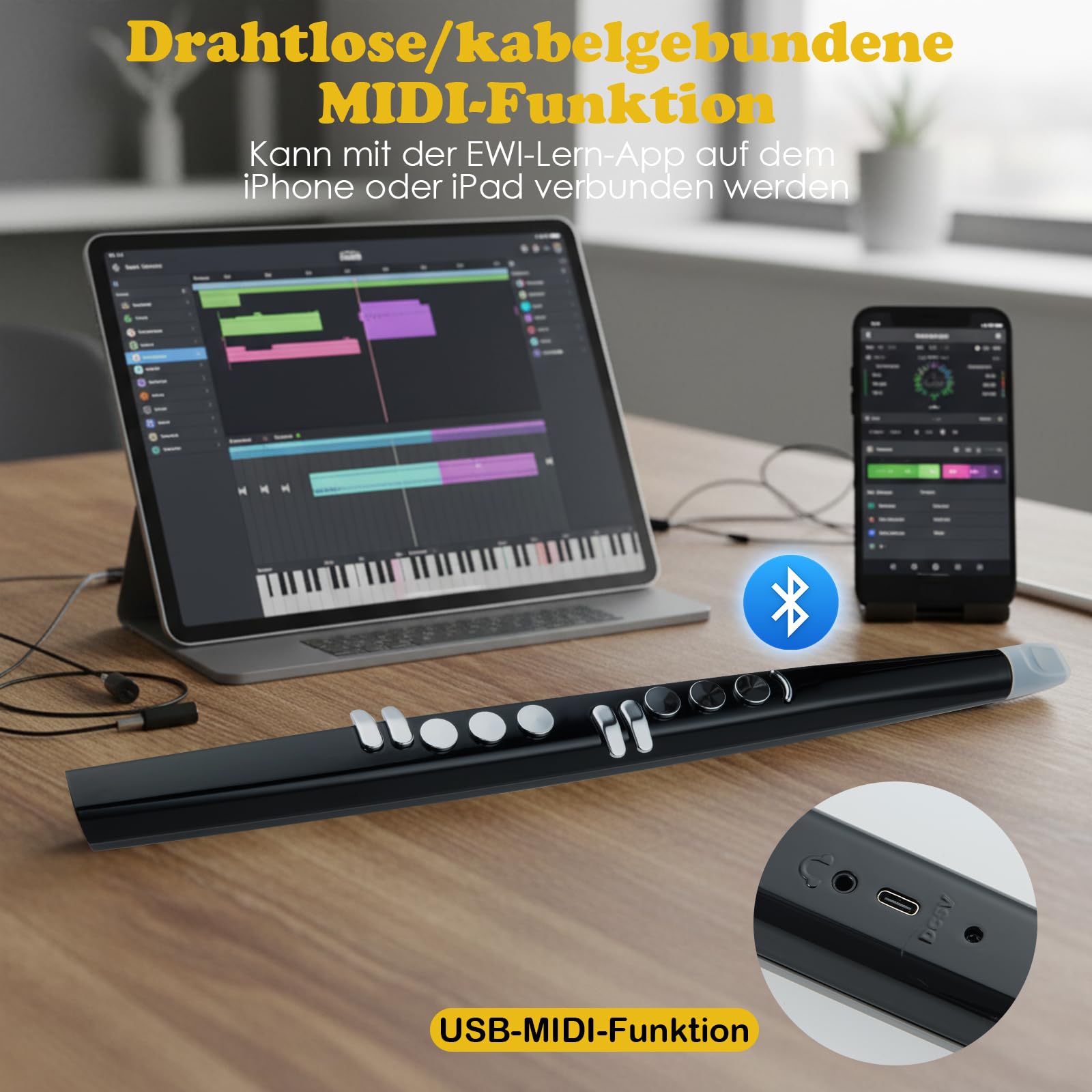 COSTWAY ektronisches Blasinstrument, tragbares Blasinstrument mit 13 Tönen, 2 Fingerings & 3 Empfindlichkeitsstufen, EWI mit kabelloser Verbindung & MIDI für Anfänger, Kinder und Erwachsene