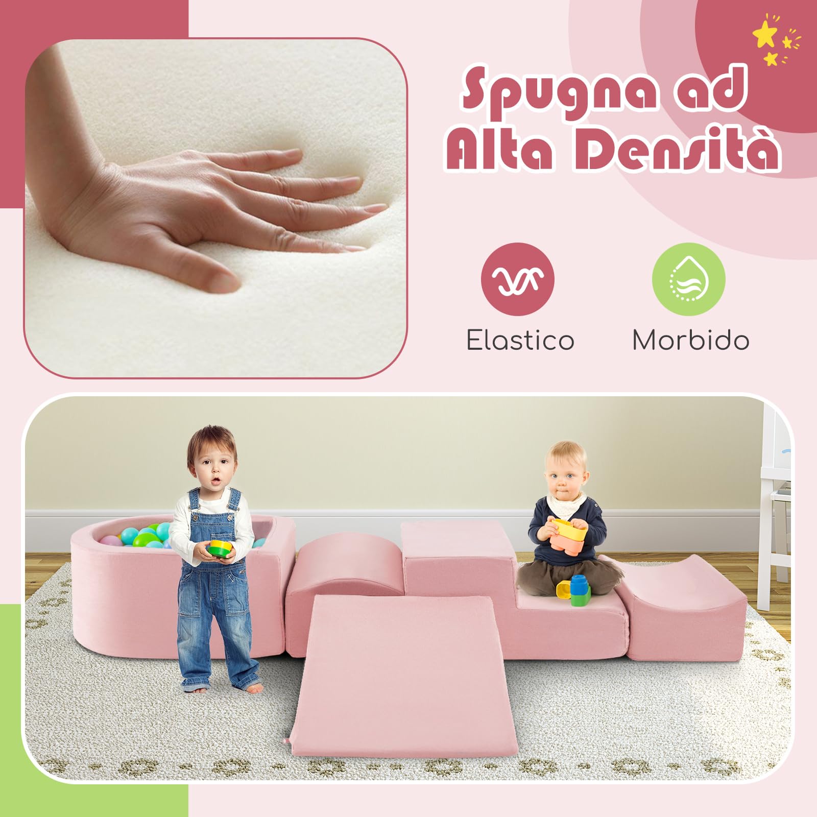 RELAX4LIFE Divano Modulare per Bambini 5 Pezzi, Divano da Gioco Convertibile per Arrampicarsi, Blocchi di Costruzione Morbido per Bambini 3+ Anni (ROSA)