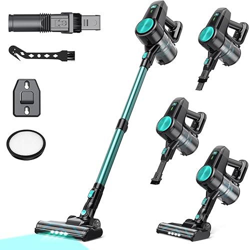N3T Cordless Vacuum Cleaner,Wireless Stick Vacuum with 40mins Runtime,Self-Standing,Anti-Tangle Brush,Rechargeable Lightweight Vacuum Cleaner for Home,Hardwood Floor,Pet Hair, Carpet-Cyan Green