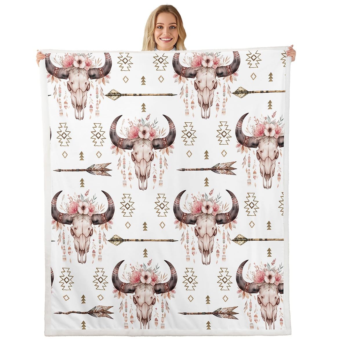 Feelyou Bull Skull Throw Blanket Floral Flowers Print Blanket Boho Arrow Fleece Sherpa Blanket for Bed Couch Chair Livingroom Decor Tribal Exotic