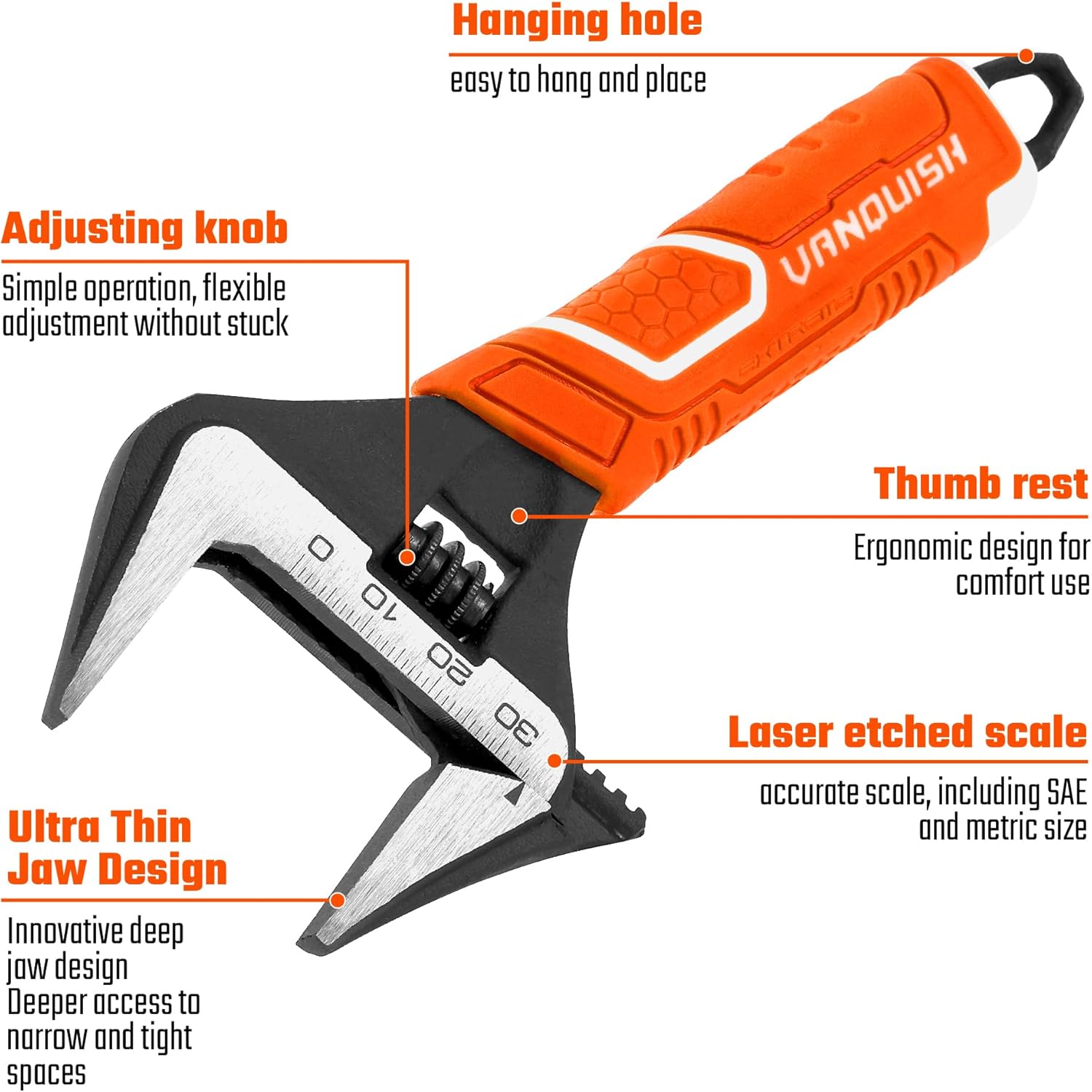 VANQUISH 6 Inch Adjustable Wrench, 1-1/4” Wide Jaw Opening Plumbing Wrench, CR-V Steel, SAE and Metric Scale Marked, With Comfort Grip Handle and Hanging Hole (3151)