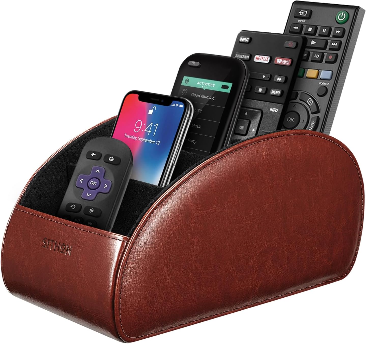 SITHON Remote Control Holder with 5 Compartments – [Upgrade Version] PU Leather Remote Caddy Desktop Organizer Store TV, DVD, Blu-Ray, Media Player, Smart Phones, Heater Controllers (Brown)