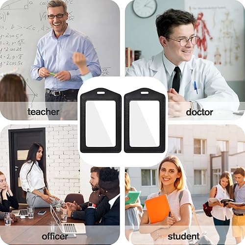 Miniatura 4 de Vin Beauty Paquete de 2 portatarjetas de identificación de cuero genuino, portatarjetas de identificación verticales con ventana transparente de