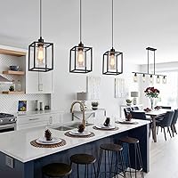 Vista 2 de 3 Pack Black Pendant Lights for Kitchen Island Industrial Lantern Pendant Light Fixtures with Clear Glass Shade, Farmhouse Adjustable Height Hanging