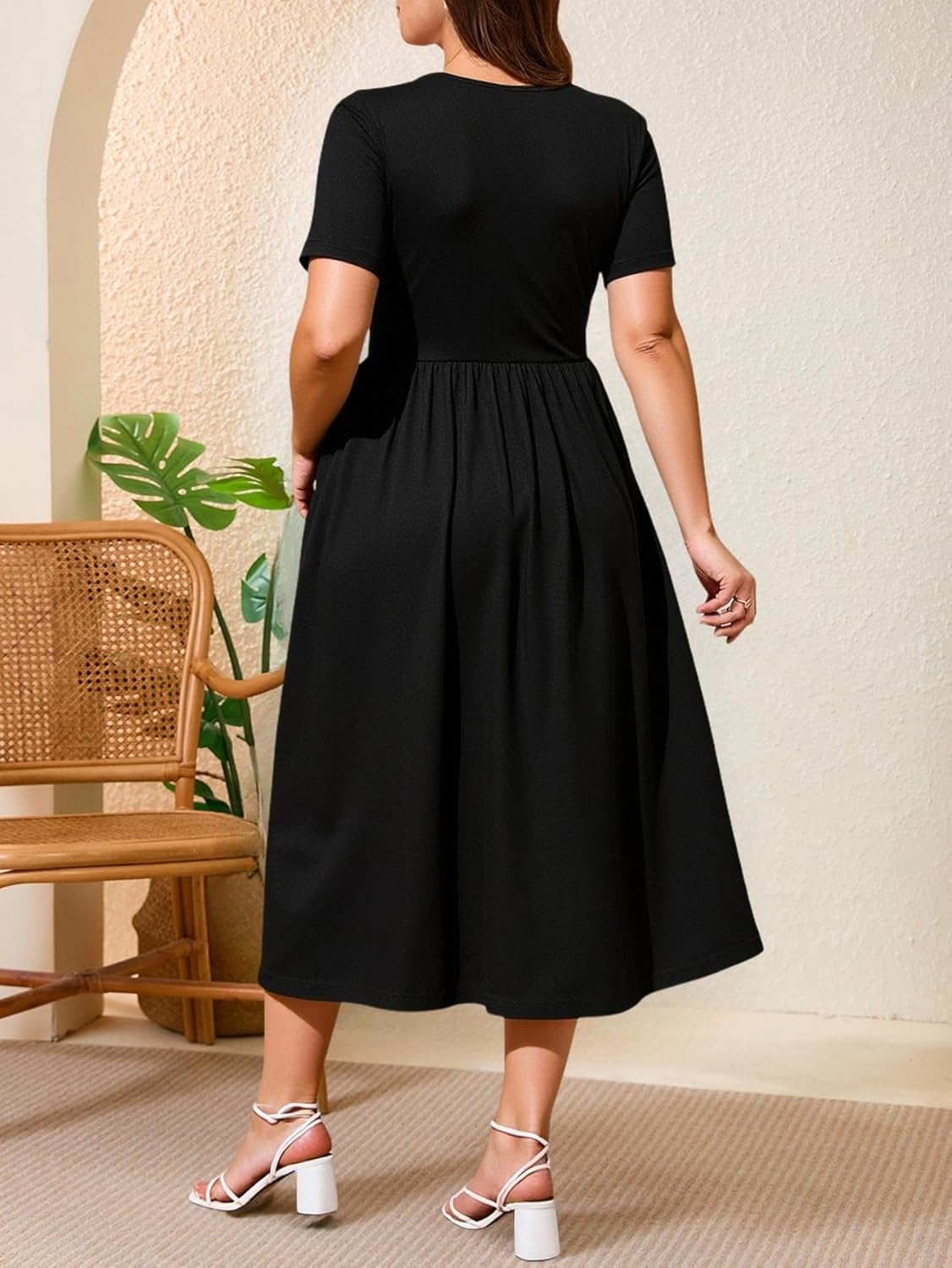 Women's Plus Size V Neck Midi Dress Summer Ruched Short Sleeve A Line Flowy Elegant Casual Dresses - Image 2