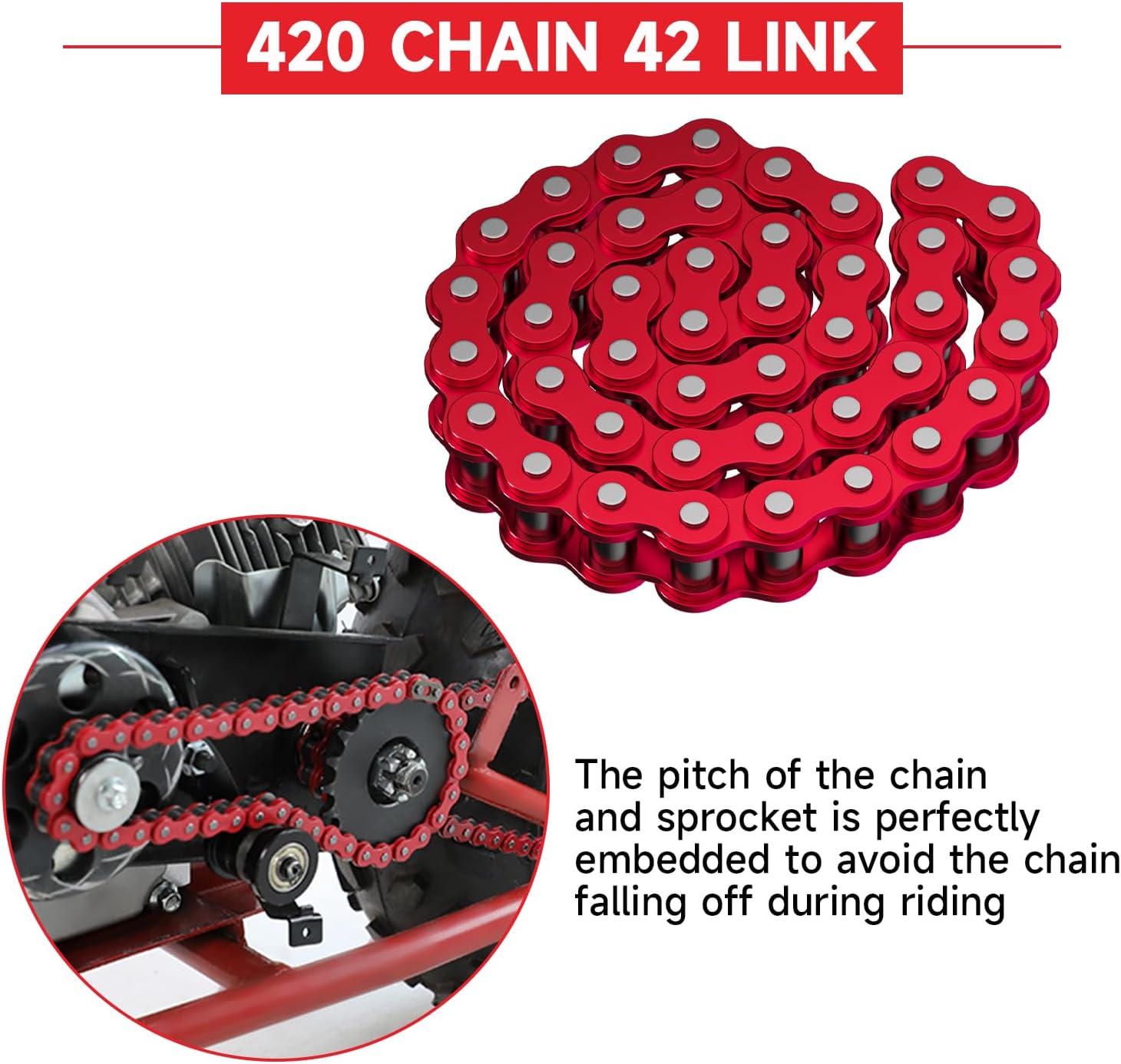 GREHUA Mini Bike Chain Tensioner Kit & 420 Chain 42 Links Compatible with Coleman CT200U CT200U-EX BT200X Baja Warrior MB200 Massimo Trailmaster Predator 212 196cc 6.5hp OHV Engine Minibike Parts Red