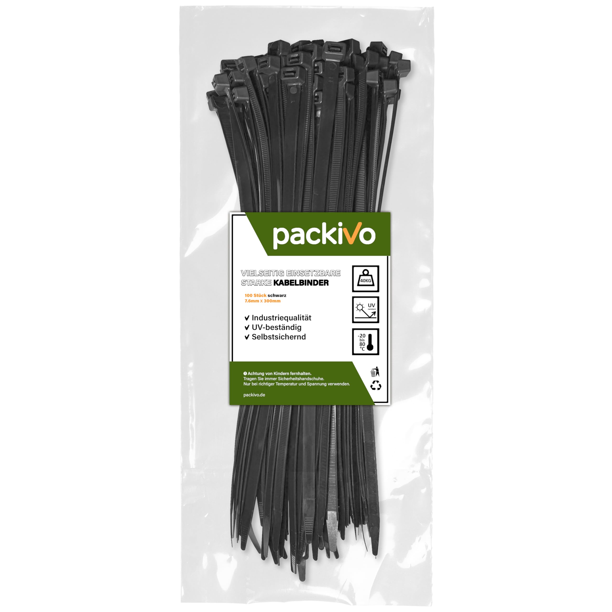 PACKIVO Professional Cable Ties 7.6 x 300 mm, Pack of 100 Black Cable Ties, Industrial Quality, UV-Resistant, Tensile Strength up to 40 kg, Super Durable Cable Management, Industrial, Workshops,
