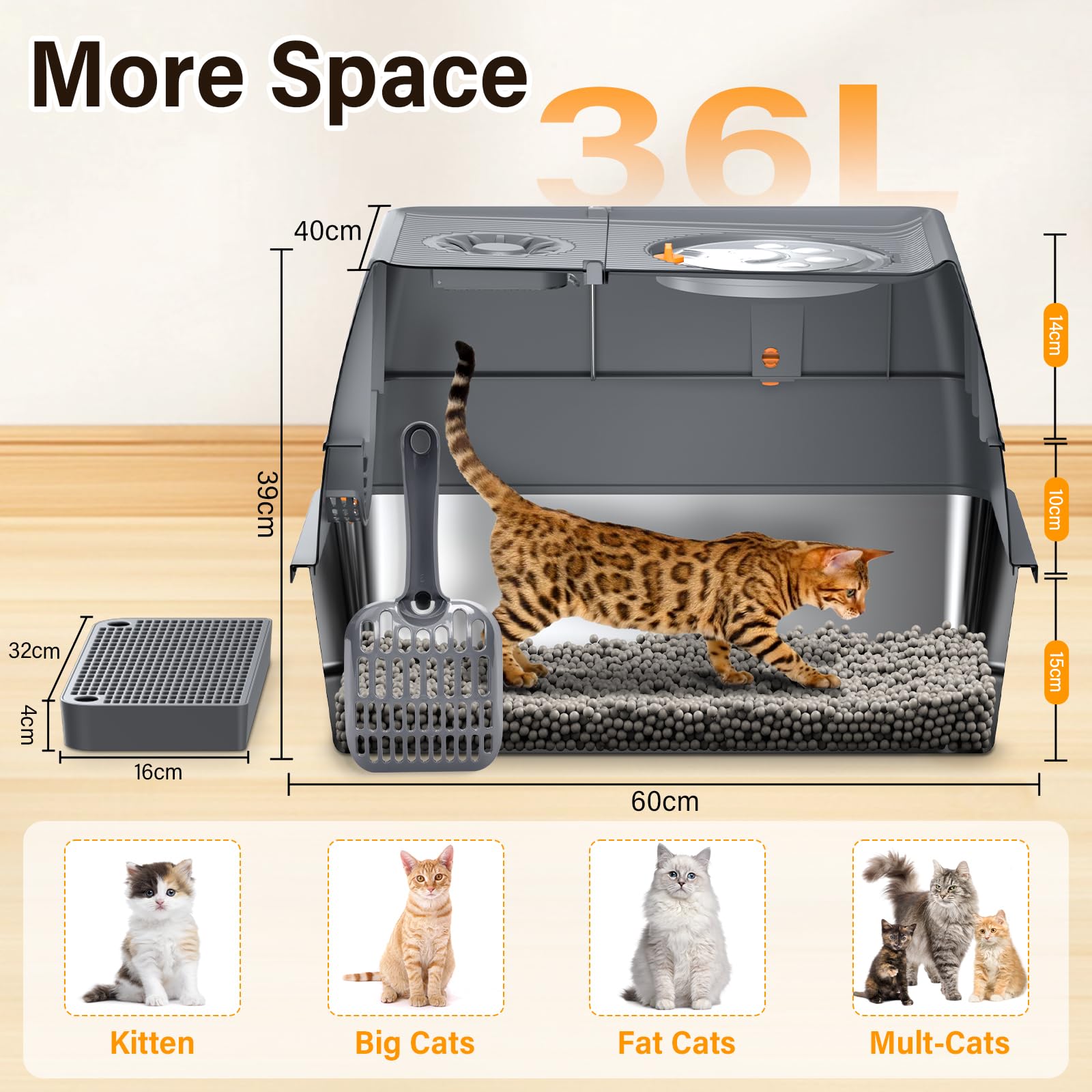 Lettiera per Gatti in Acciaio Inox, 60 * 40 * 39CM Grande Lettiera Chiusa in Metallo, Lettiera Gatto Chiusa con stuoia strato e pala per lettiera,Staccabile, prova perdite e facile pulire