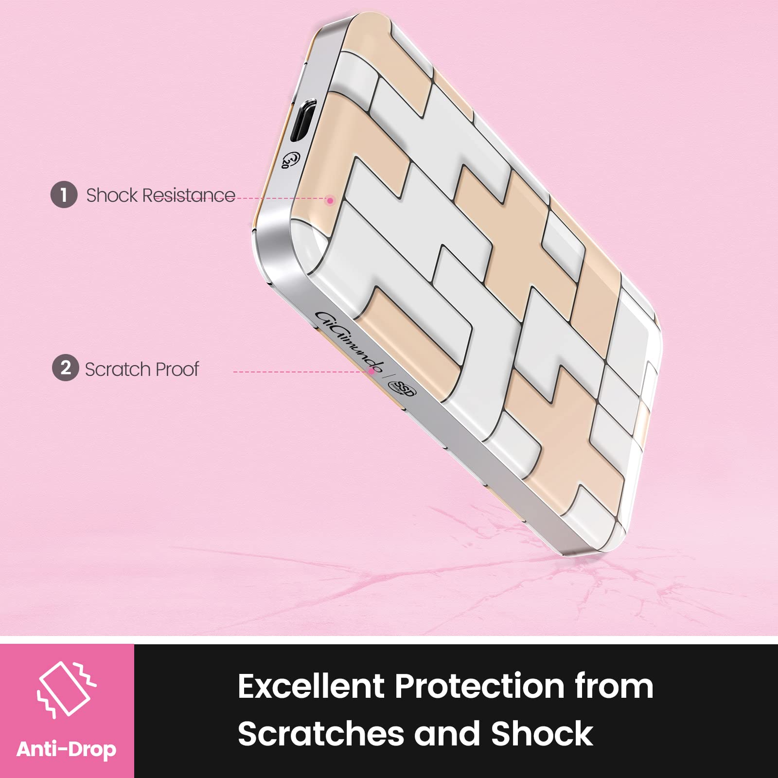 GiGimundo Przenośny dysk SSD 512 GB, USB3.2 Gen2 × 2 Extrene Portable SSD 20 Gbps, do 2000 MB/s USBC, zewnętrzny dysk Solid State Drive, seria TS (1T) (20 Gbps-1T)