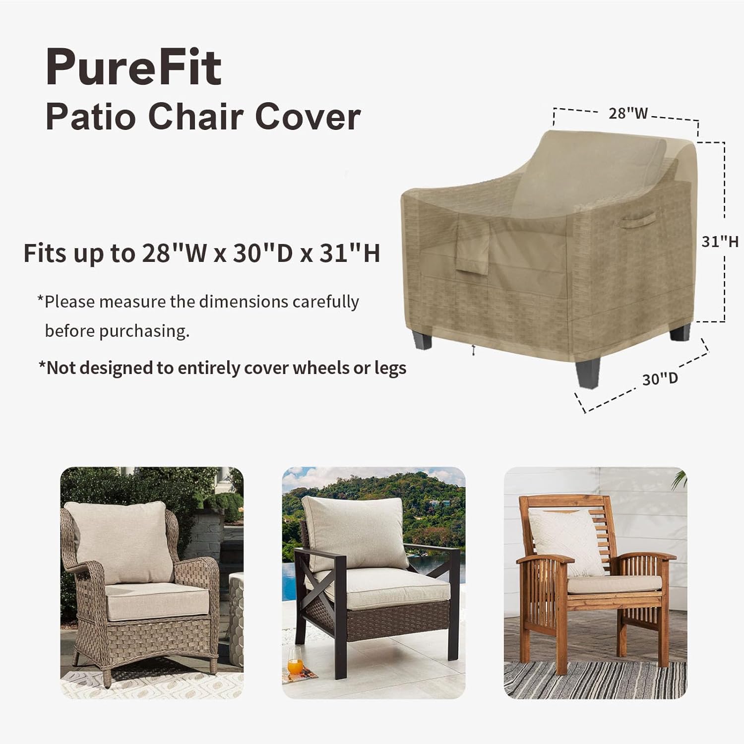 PureFit Outdoor Chair Covers Waterproof Patio Furniture Lawn Chair Covers for Outdoor Furniture with Air Vent and Padded Handles, Fits up to 28W x 30D x 31H Inches, Camel