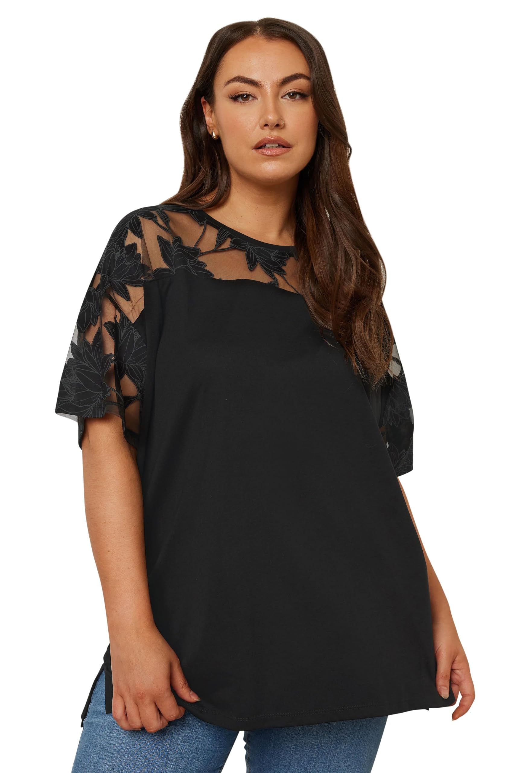 Yours Curve Floral Burnout Boxy T-Shirt - Women's - Plus Size Curve Black