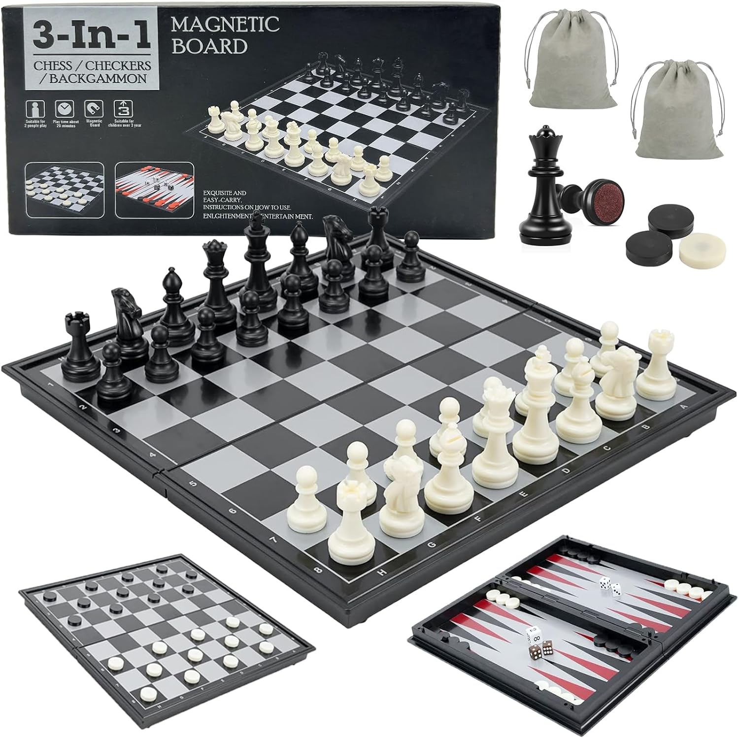 Set De Ajedrez Magnético 3 En 1 De Viaje – Tablero Plegable 32 Cm, Incluye Damas Y Backgammon