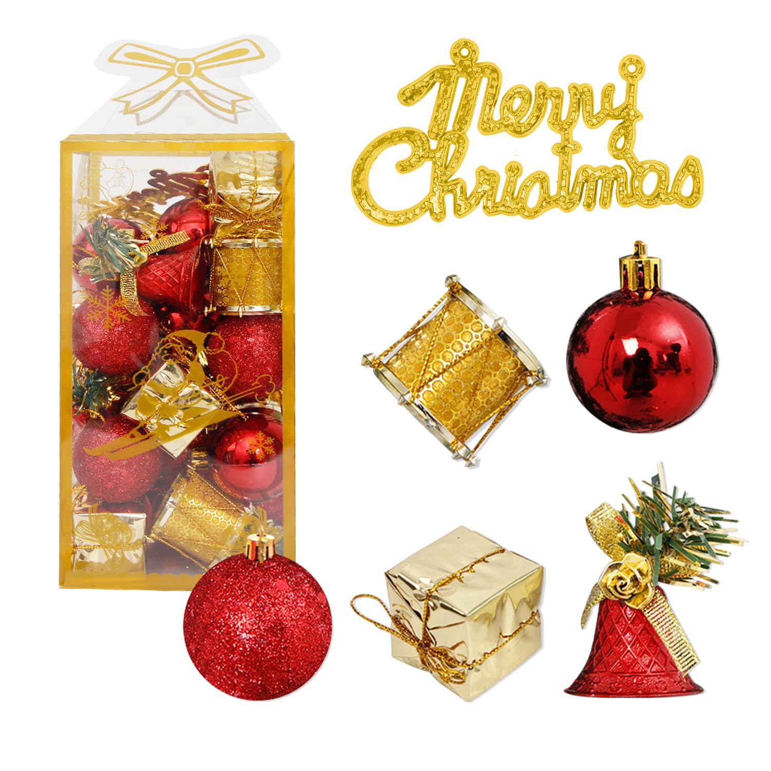 Taeku 32 Pcs Christmas Tree Ornaments Set, 1.6" Shatterproof Balls, Gift Boxes, Bells & Drums, Glitter Holiday Hanging Decorations for Indoor Outdoor Home Décor (Red-Gold)