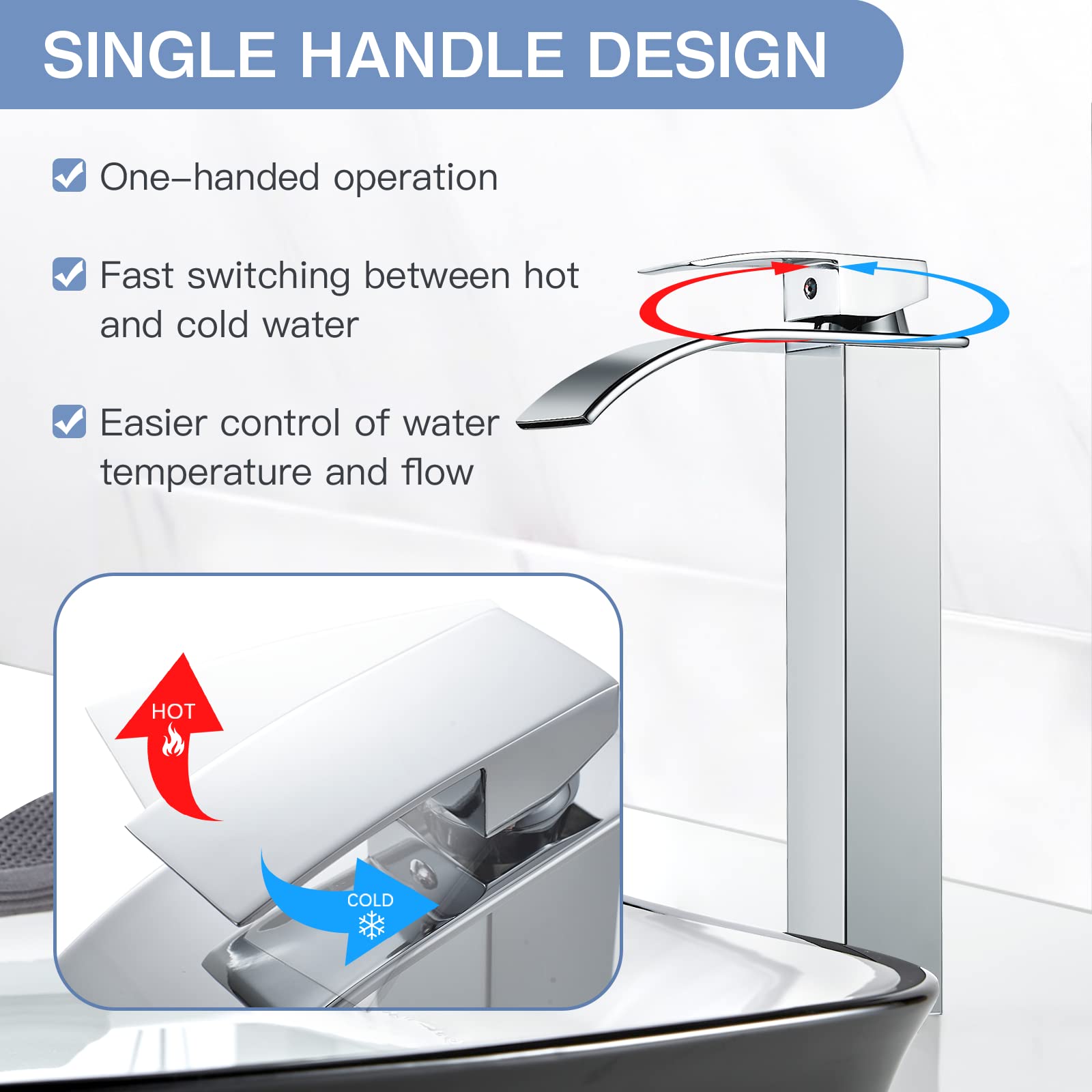 kisimixer Rubinetto Bagno Lavabo Alto Cascata, Miscelatore Lavabo Bagno Alto Cascata, Rubinetto Monocomando per Lavandino, Acqua Calda e Fredda Disponibile, Cromato