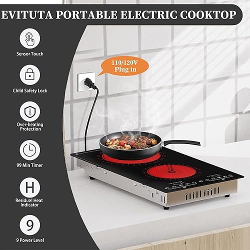 Miniatura 2 de Estufa eléctrica, estufa eléctrica de 2 quemadores con pantalla táctil LED, 9 niveles de calefacción, temporizador, bloqueo para niños, aislamiento