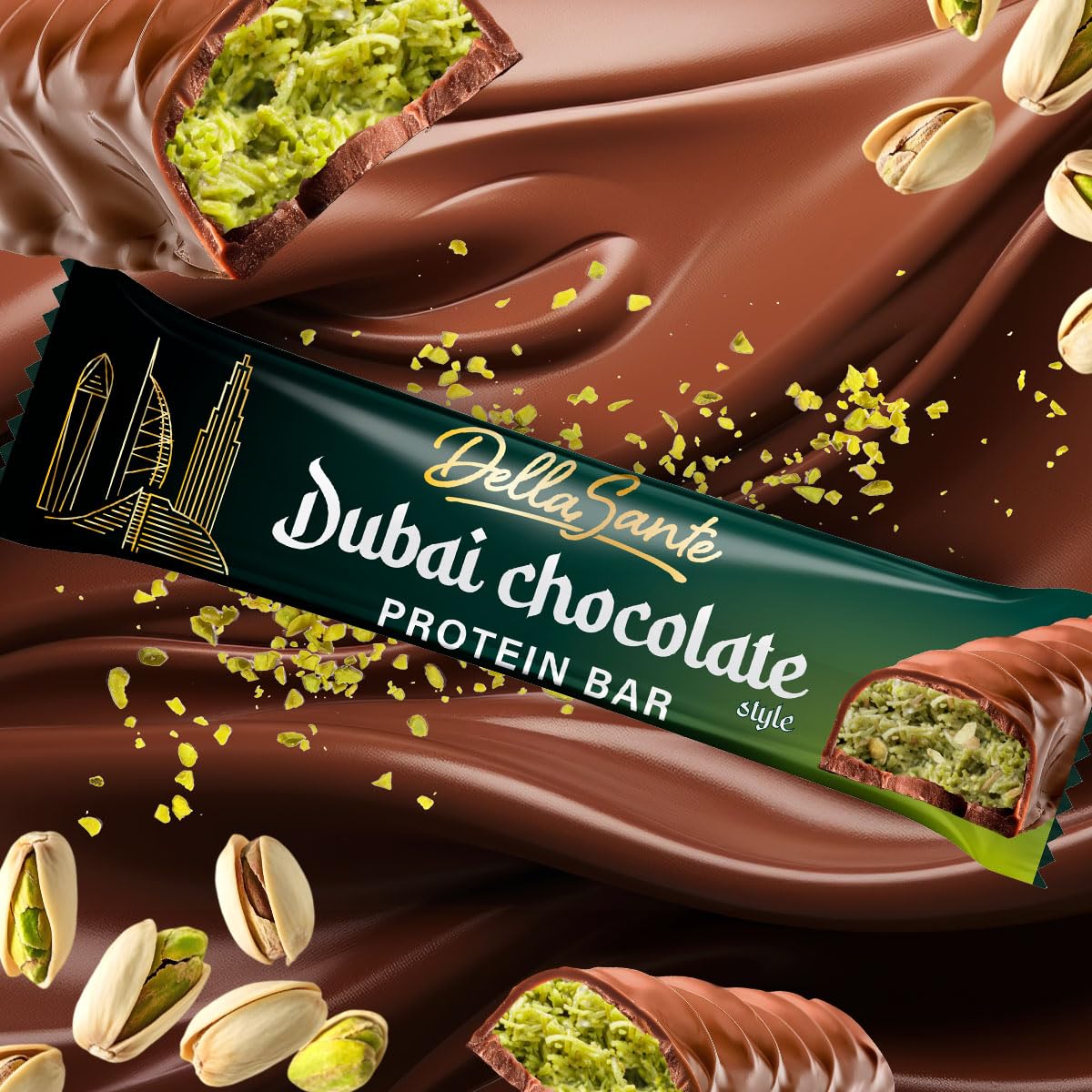 DellaSante – Protein Riegel Pistazie in Milchschokolade, 24x45g, Eiweißriegel für Sport & Fitness, Ohne Palmöl, Kadayif-Crunch Protein Bar
