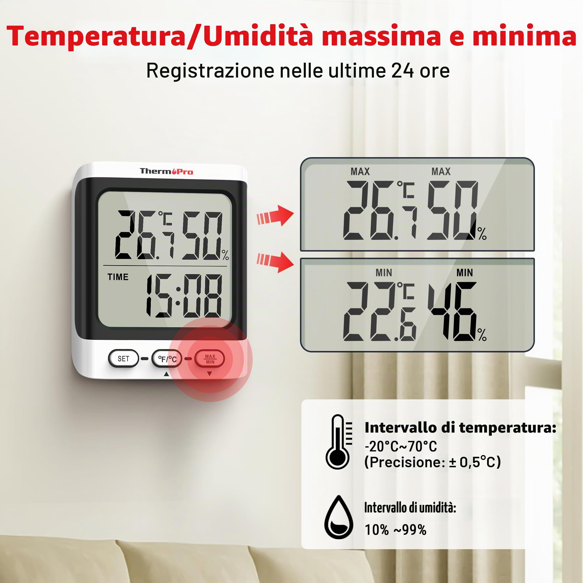 ThermoPro TP152 Igrometro Termometro da Interno, Termometro Digitale da Tavolo per Cameretta con Monitor di Temperatura e Umidità, Termometro per Ambiente con Indicatore di Umidità Accurato