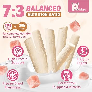 Freeze Dried Goat Milk & Chicken Dog Treats, 70% Goat Milk Yogurt Sticks for Dogs & Cats, High Protein Grain-Free Snack & Food Topper for Sensitive Stomachs, Immune Support with Vitamin E 2.8oz