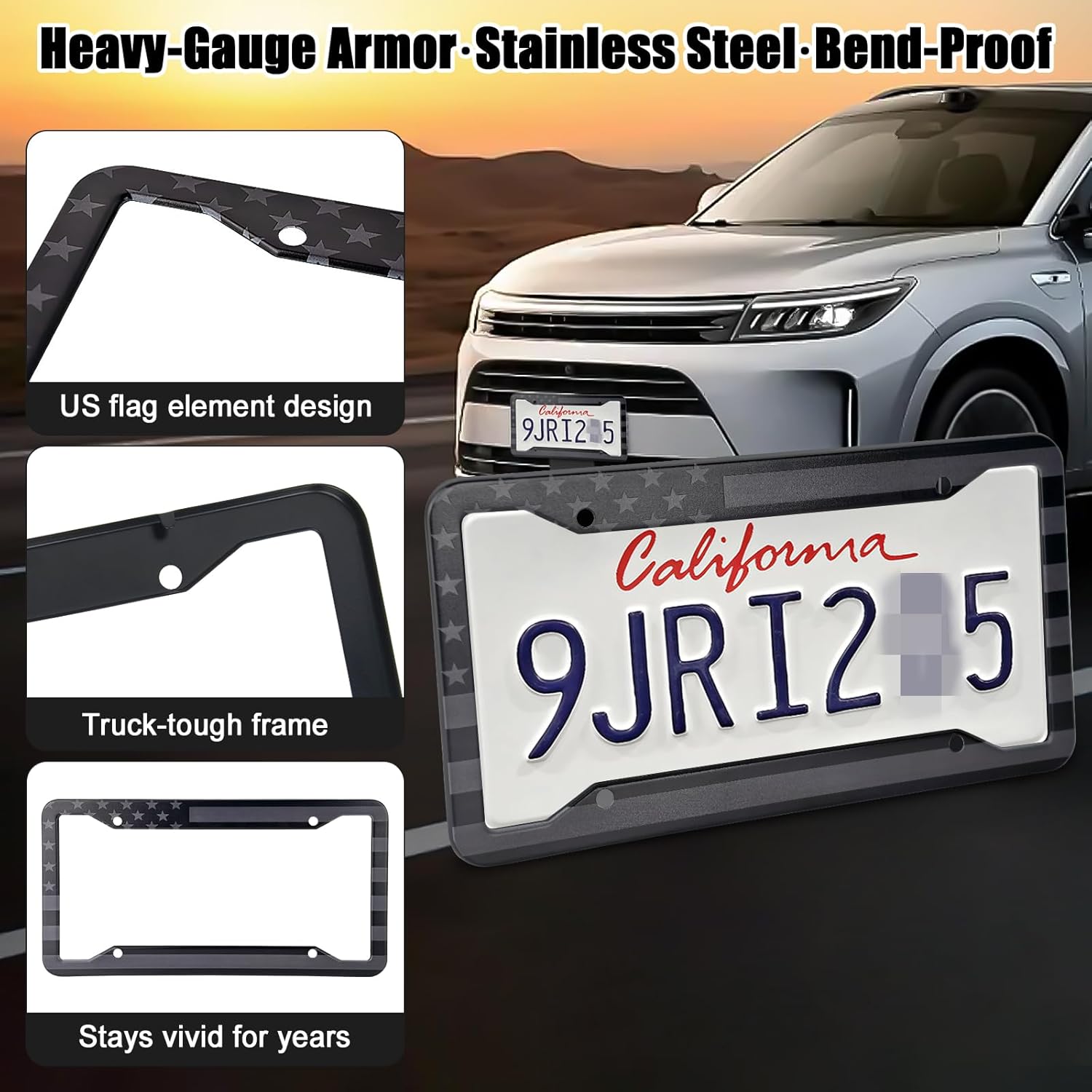American Flag License Plate Frames Holder - 2 Pack Stainless Steel Rustproof USA Patriotic Car Tag Cover Holder with Free Screws Accessories + Metal Stickers & Keychain & Cup Holder Mats, Black Gray