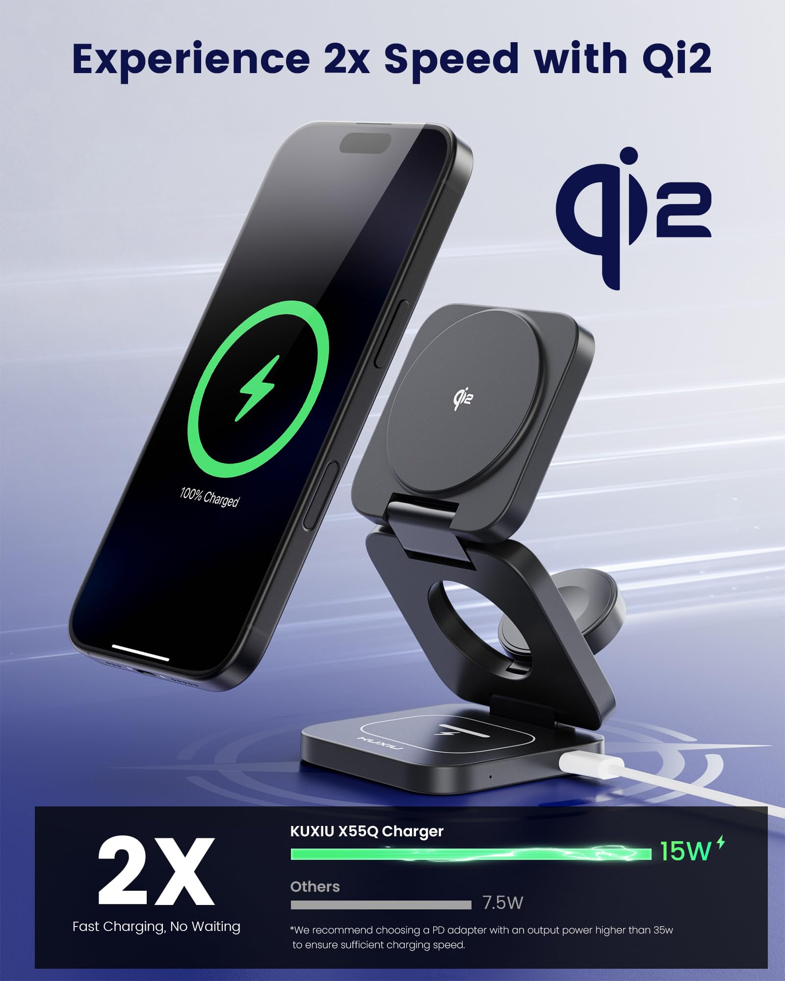 KU XIU X55Q Foldable 3-in-1 Magnetic Wireless Charging Station, 15W QI2 Fast Charger for iPhone 16/15/14/13/12, 5W for Apple Watch 10/9/8/7/Ultra 2, 5W for AirPods Pro/4/3/2, Includes 45W Adapter