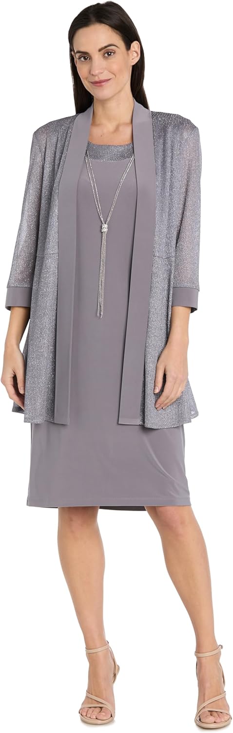 R&M Richards Women's Metallic Knit Pleated 3/4 Sleeve Jacket & Shift Tank Dress Set W/Necklace | Evening & Cocktail Party