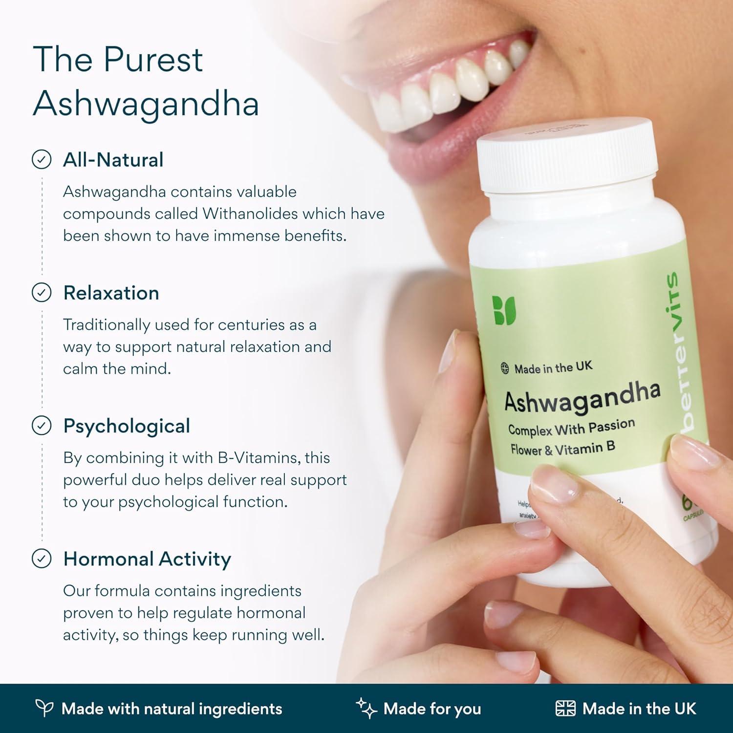 Bettervits Ashwagandha Complex with Passion Flower and Vitamin B – KSM-66® Organic Root Extract 800 mg – Supports Calm, Energy and Emotional Balance – 60 Capsules