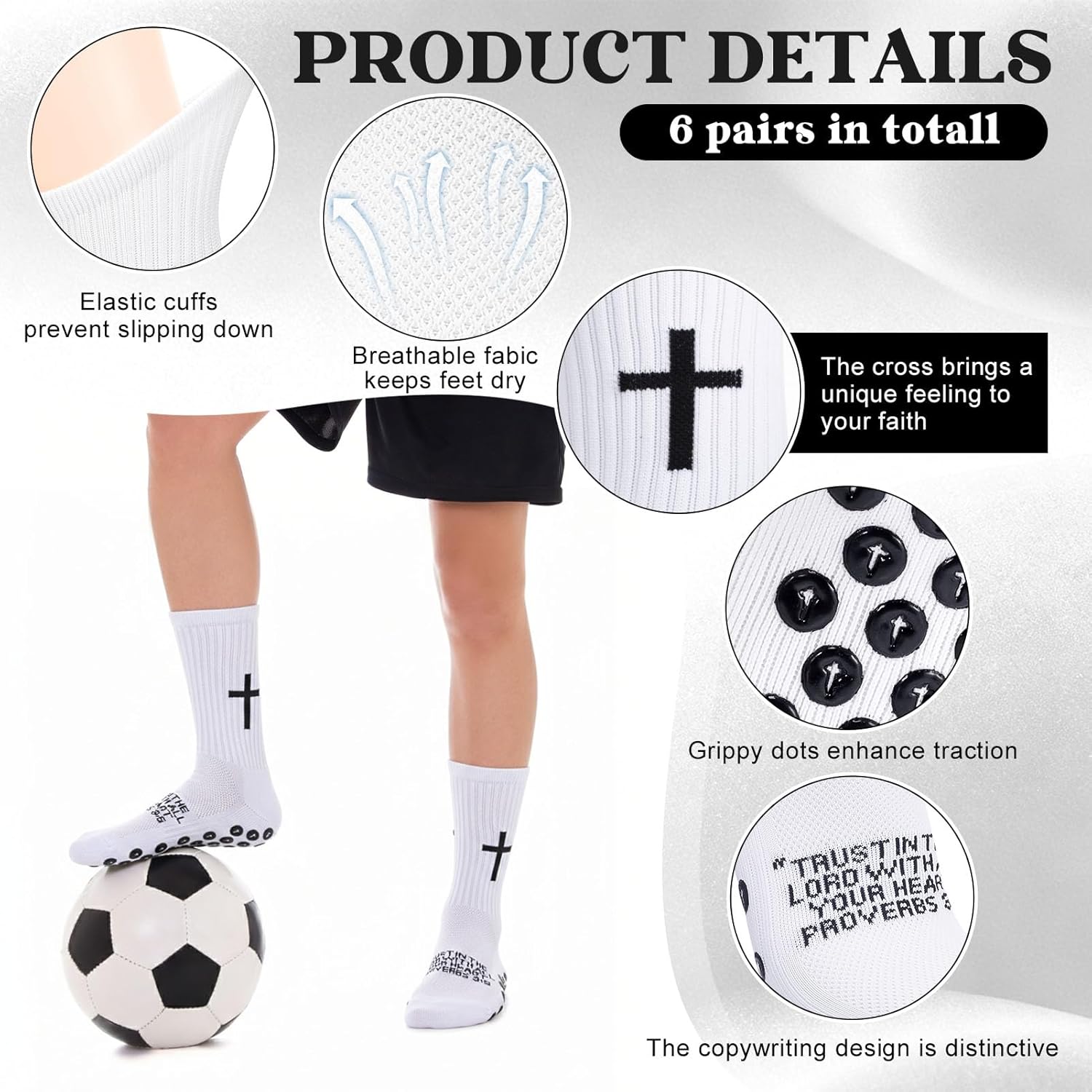 6 Pairs Cross Grip Soccer Socks - Anti Slip Cotton Jesus Socks for US 7-11 Bible Verse Athletic Casual Sock Christian Gifts for Youth, Dad, Husband Grandpa Fathers Day Easter - Image 4