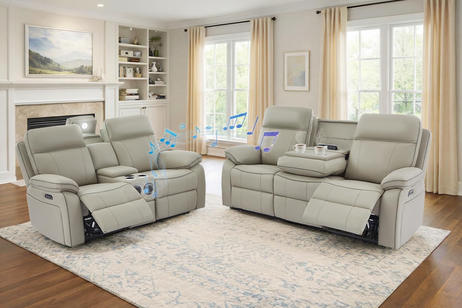 Power Reclining Sofa Set for Living Room, Power Reclining Loveseat with Bluetooth Speakers, LED Reading Lights & Storage Drawer, Power Recliner Sofa with Drop-Down Table, Outlets (Grey)